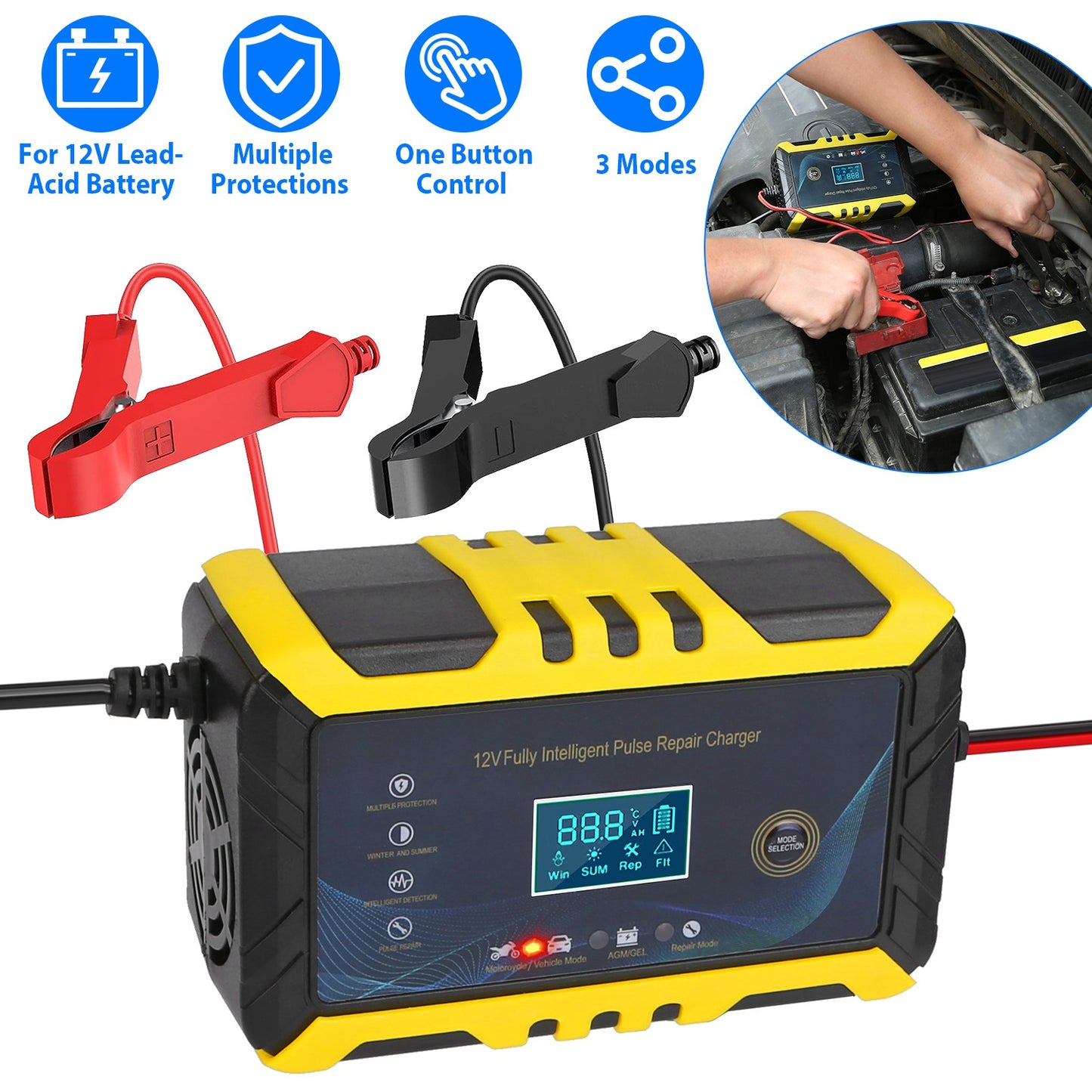 LJGelectro - Car Battery Charger 12V/6A Smart Automatic Battery Charger Pulse Repair Battery Charger with LCD Display for Car Truck Motorcycle RV SUV