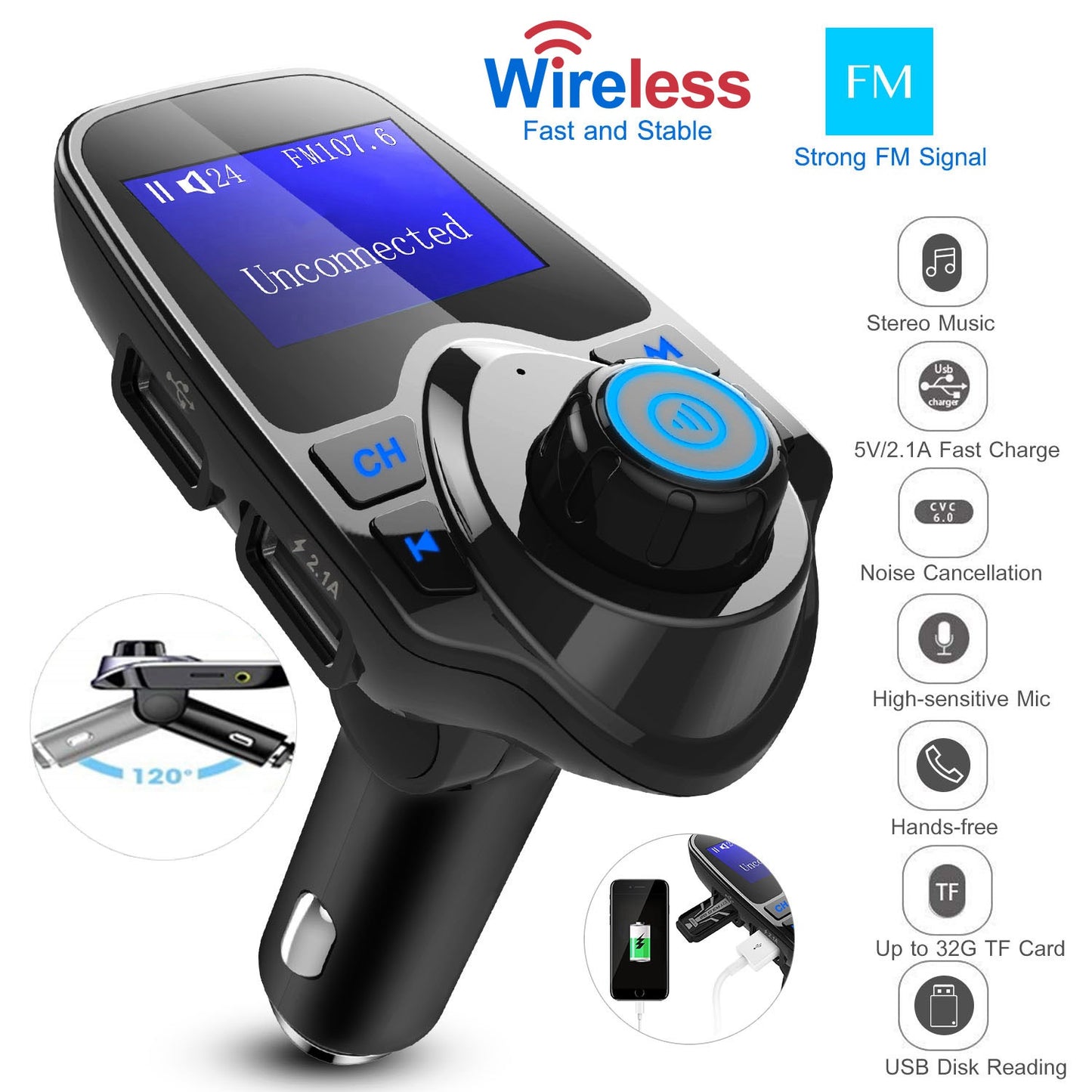 LJGelectro - iMounTek Car Wireless FM Transmitter MP3 Player Hand-Free Call USB Charger AUX Input TF Card USB Flash Drive