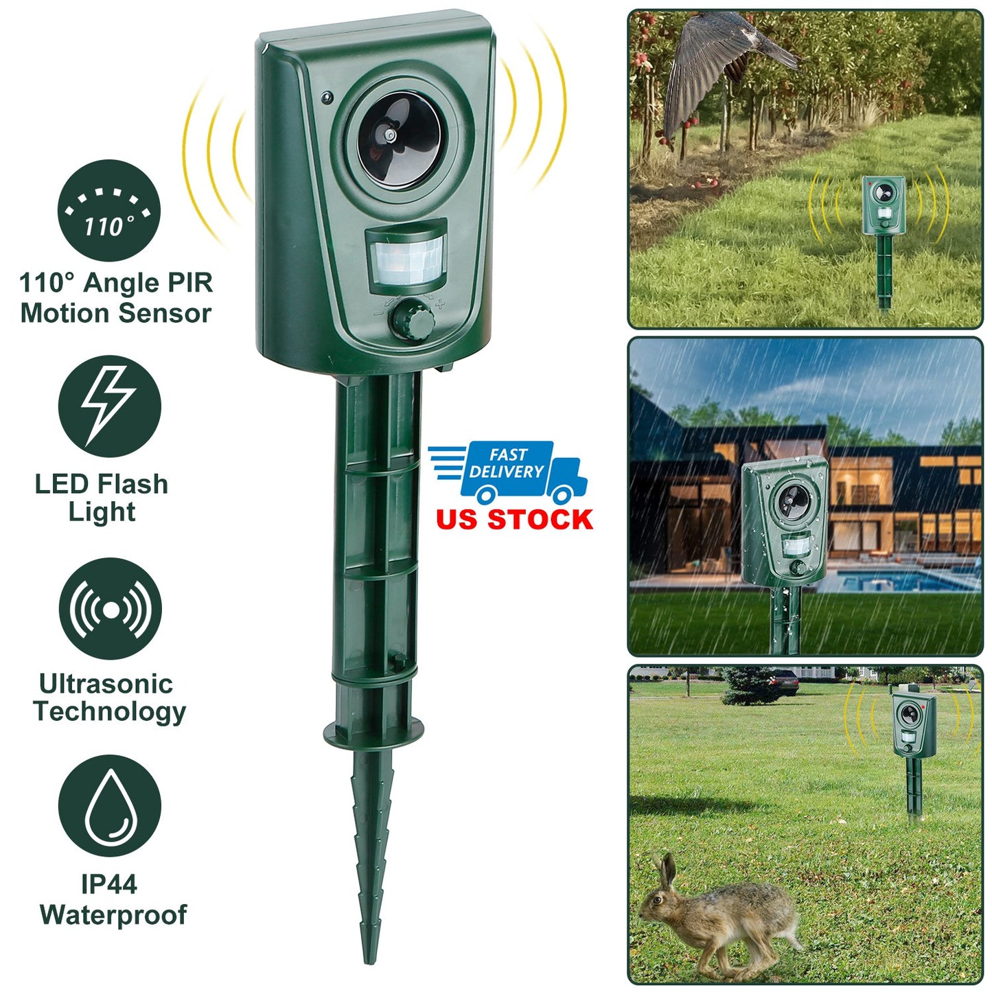 LJGelectro - Ultrasonic Animal Repeller IP44 Waterproof Motion Sensor Repellent Outdoor Animal Deterrent w/ Flashing LED Light For Farm Garden Yard Repelling Deer