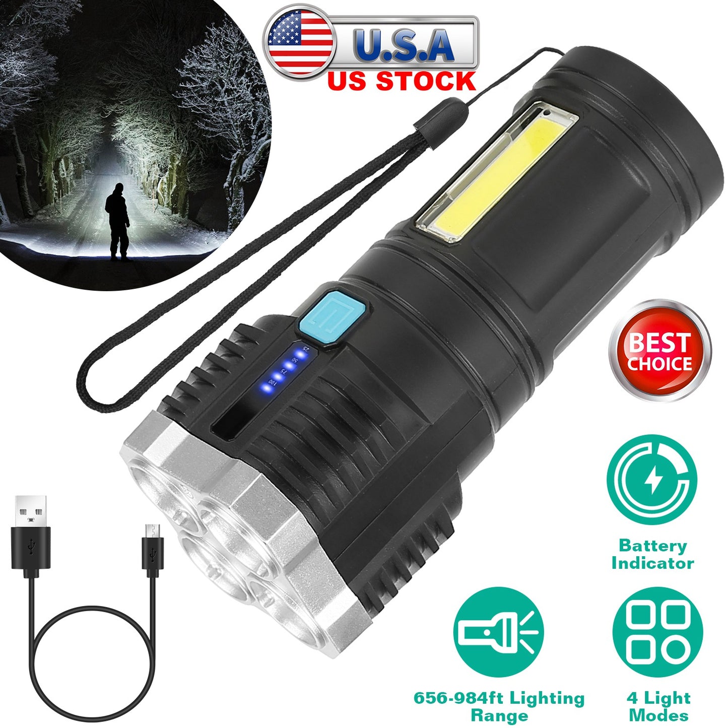 LJGelectro - Rechargeable Flashlight LED Floodlight Torch w/Strap Super Bright Flashlight w/4 Light Modes for Emergency Camping