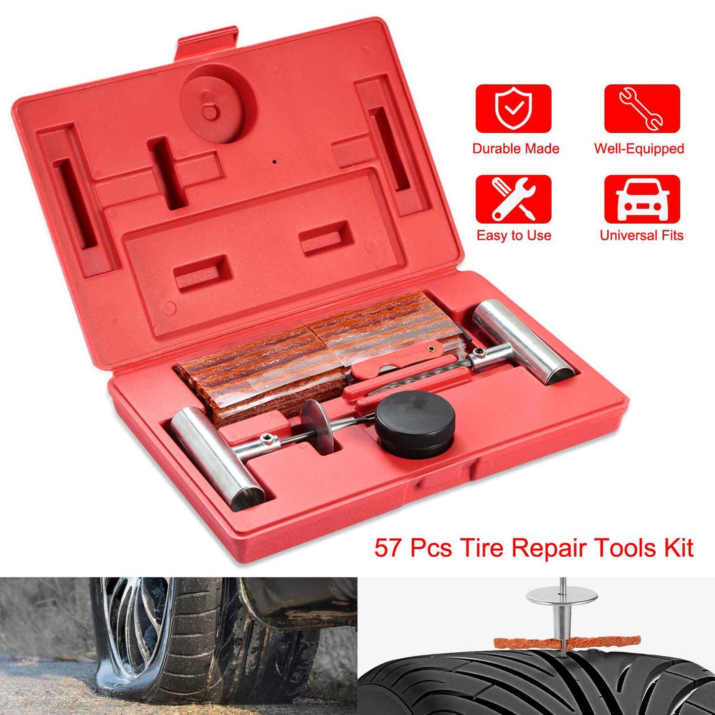 LJGelectro - 57 Pcs Universal Tire Repair Tools Kit Flat Tire Puncture Repair Tools for Cars Trucks