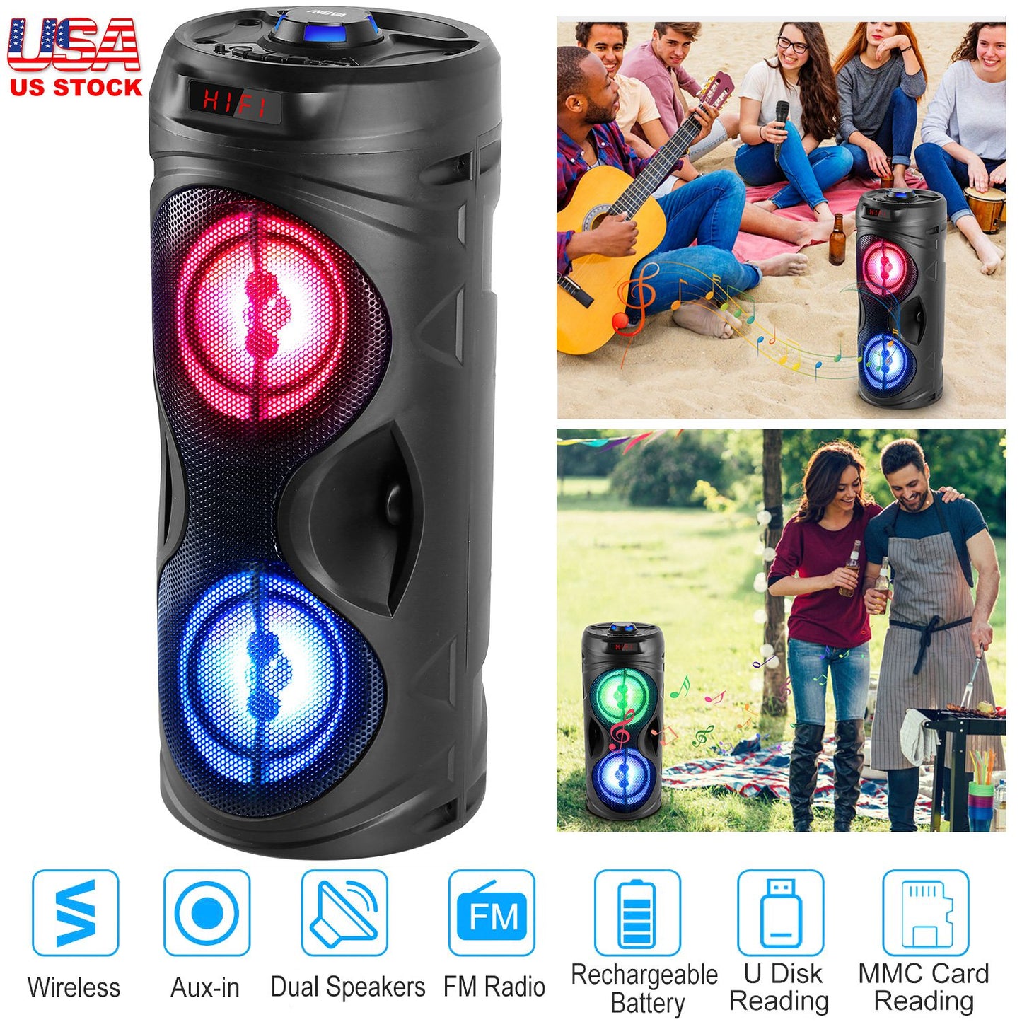 LJGelectro - Portable Wireless Party Speaker Karaoke Machine Wireless Speaker with LED DJ Light FM Radio Supports MMC Card/USB Microphone Aux-In for Party Home TV