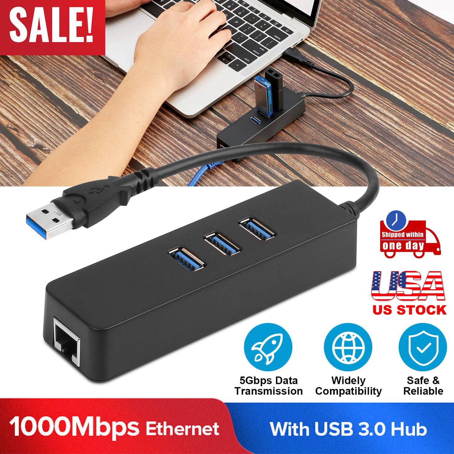 LJGelectro - 3 Ports USB 3.0 Hub Gigabit Ethernet Adapter 10/100/1000 Mbps Converter LAN RJ45 Wired USB Network Adapter