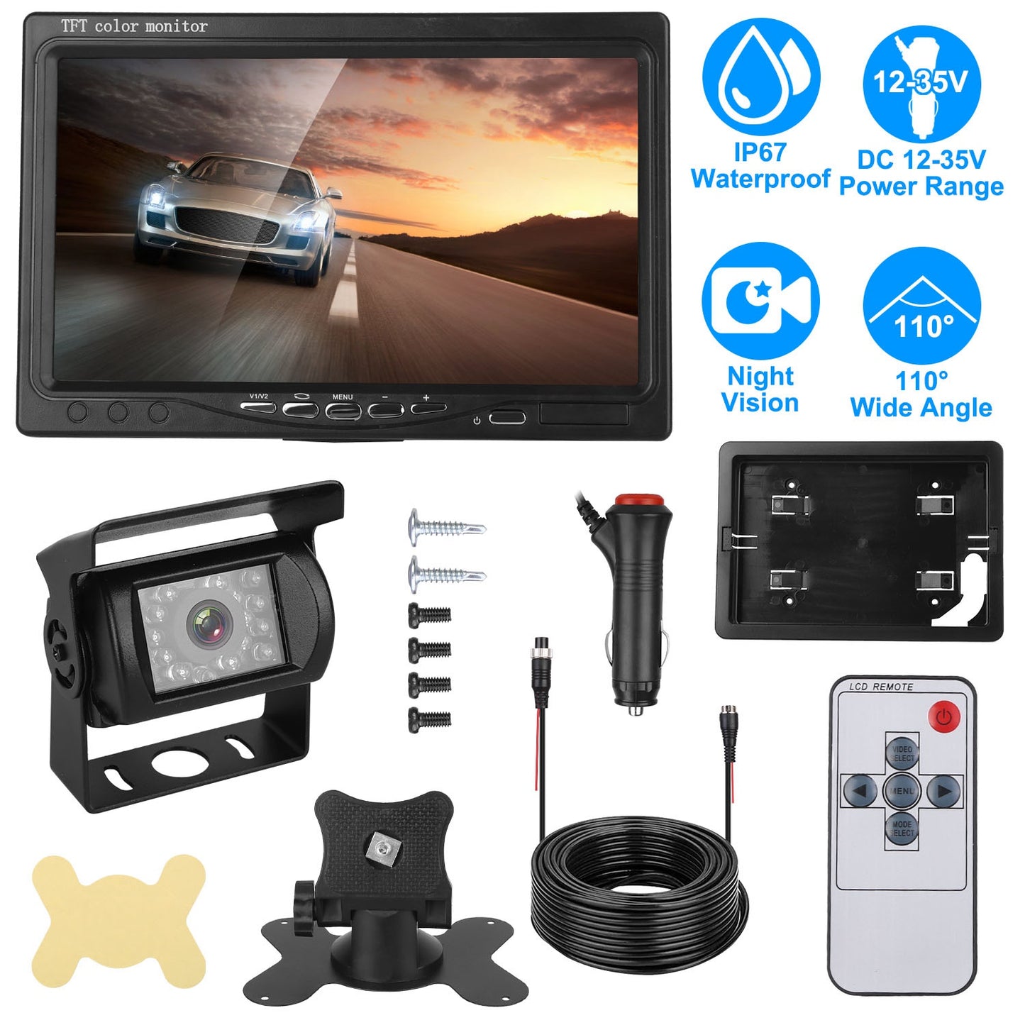 LJGelectro - Wireless Backup Camera System Vehicle Rear View Monitor Kit IP67 Waterproof Car Parking Reverse System with 7In Screen Night Vision 2.4G Stable Signal