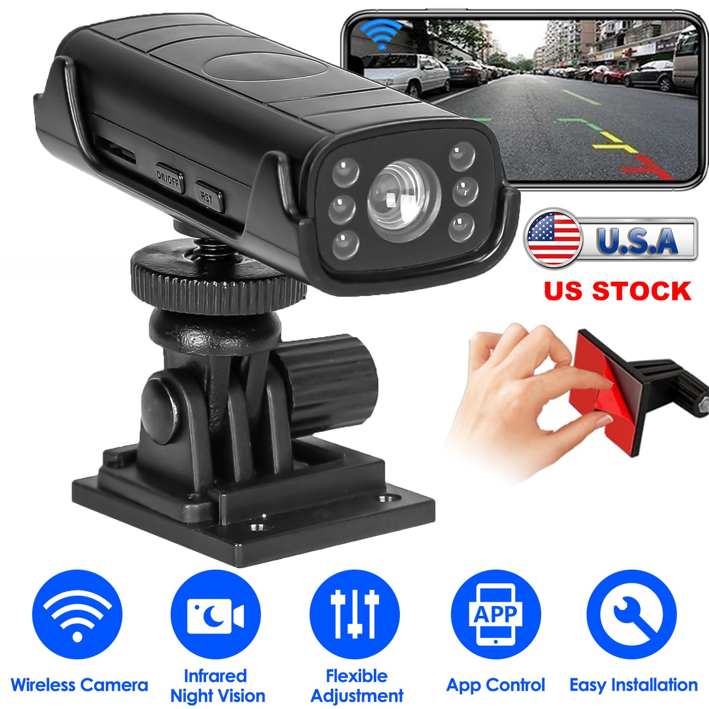 LJGelectro - Wireless Camera Reverse Hitch Guide Camera Vehicle Backup Rechargeable Camera with Flexible Adhesive Base Night Vision for Car RVs Trailer Truck