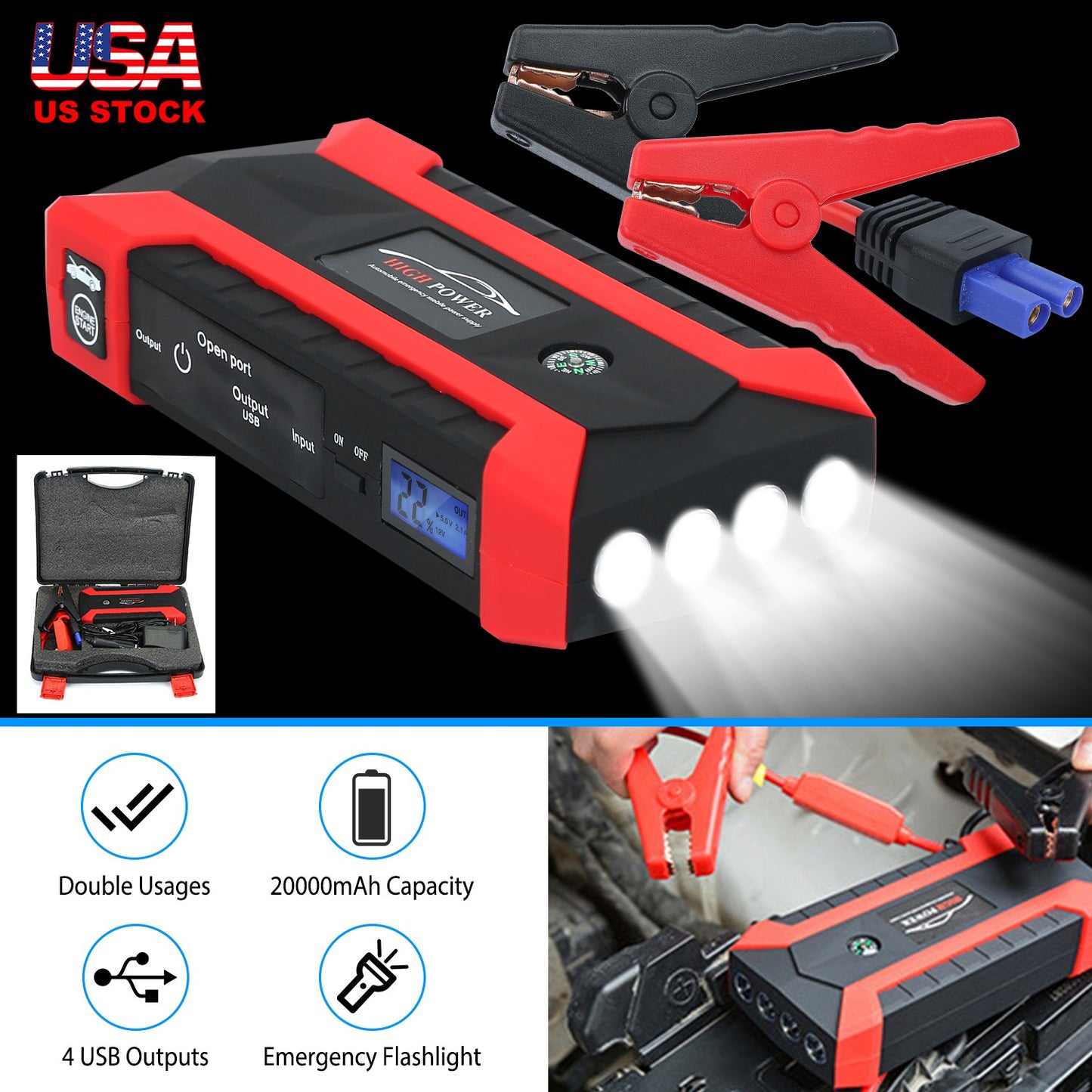 LJGelectro - Car Jump Starter Booster 1000A Peak 20000mAh 12V Battery Charger (Up to 6.0L Gas or 3.0L Diesel Engine) w/ LCD Screen 3 Modes LED Flashlight