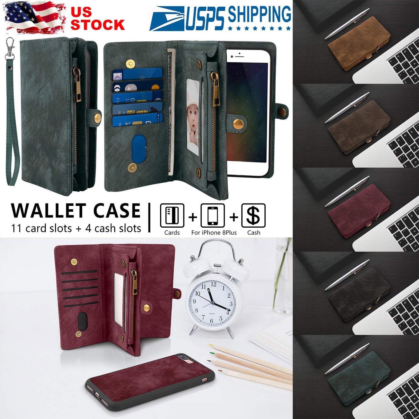 LJGelectro - Phone Wallet Case For iPhone 8 Plus Portable Wallet Case 2 in 1 Leather Zipper Magnetic Detachable 15 Card Slots Money Pocket Clutch Cover W/ID Widows