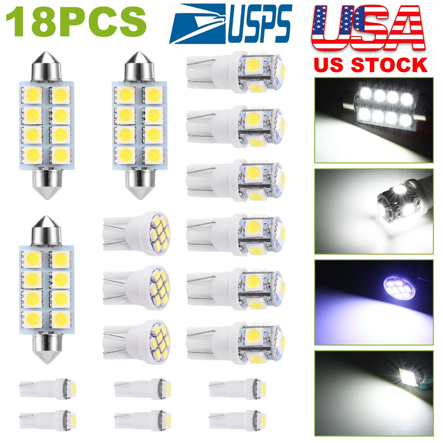 LJGelectro - 18Pcs T10/T5/41mm Festoon LED Light Bulb Interior Dome Map instrument LED Lights License Plate Trunk Side Positioning Lights 6000K White