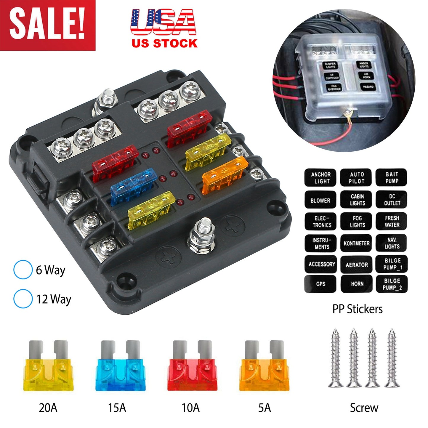 LJGelectro - 6-Way Fuse Box Holder w/ LED Indicator 6 Circuit Blade Fuse Block Sticker Label For 12-32V Automotive Boat Car SUV Marine