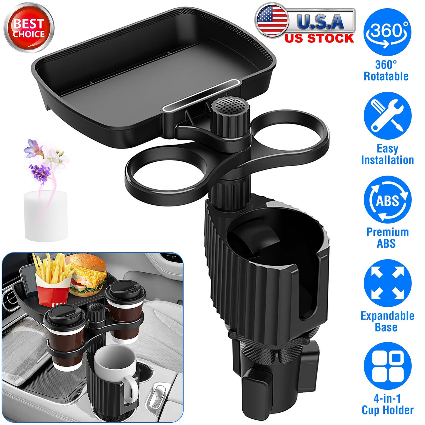 LJGelectro - 4-in-1 Car Cup Holder Tray Food Table Phone Holder Car Expander Detachable 360 Degree Rotatable Car Desk