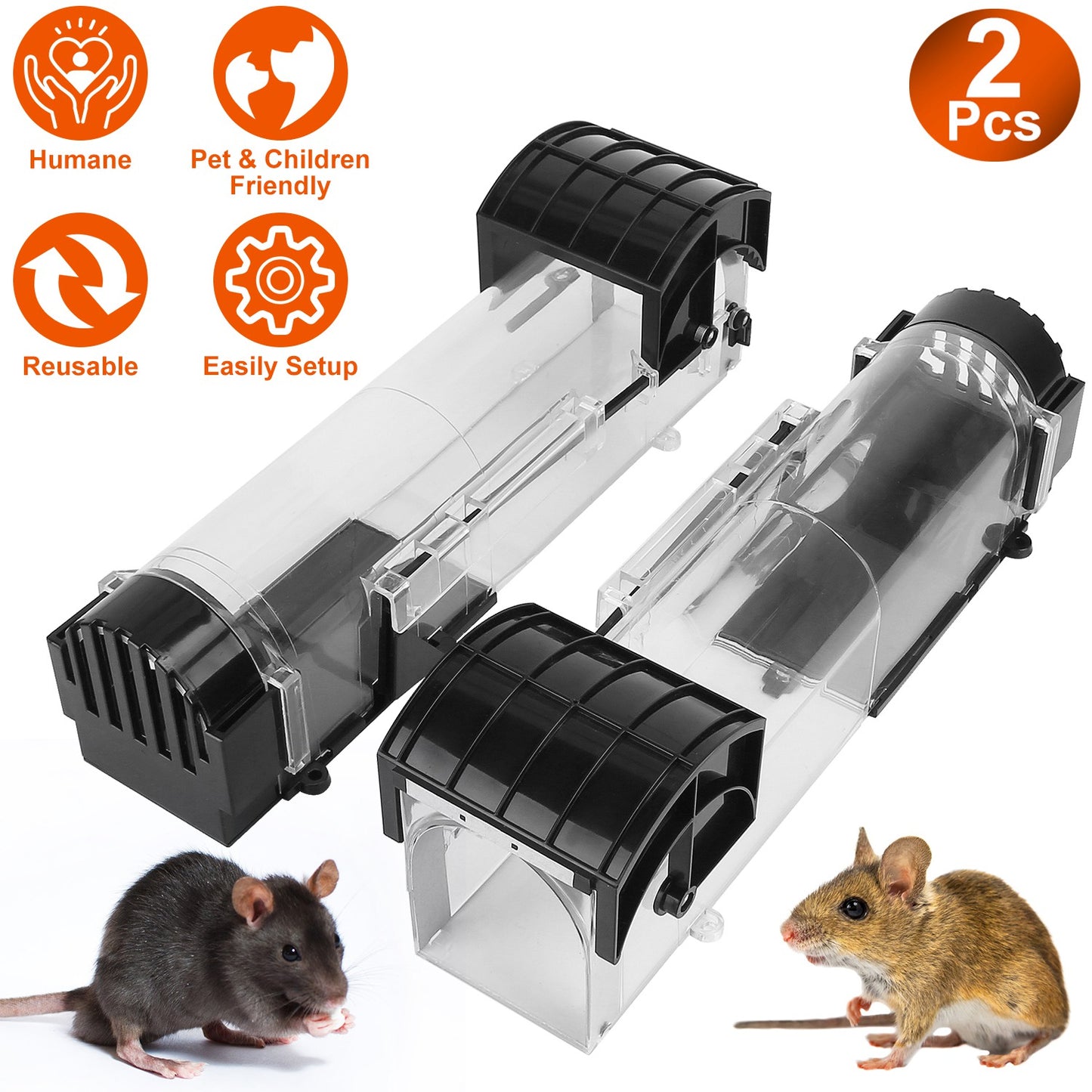 LJGelectro - 2Pcs Humane Live Mouse Trap Reusable Rat Rodent Trap Catch Release Cage Safe for Family Children Pets Easy Setup