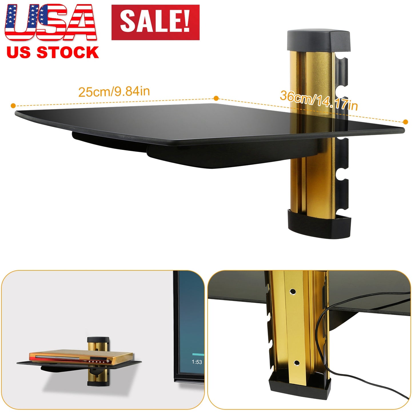 LJGelectro - Floating Wall Mounted Strengthened Tempered Glass Shelf for DVD Cable Boxes