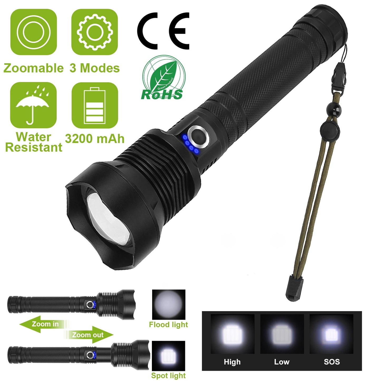 LJGelectro - LED Tactical Flashlights 30000LM USB Rechargeable Flashlight Water-Resistant Zoomable LED Torch w/ 3 Modes SOS 3200mAh Battery Handheld Flashlights fo