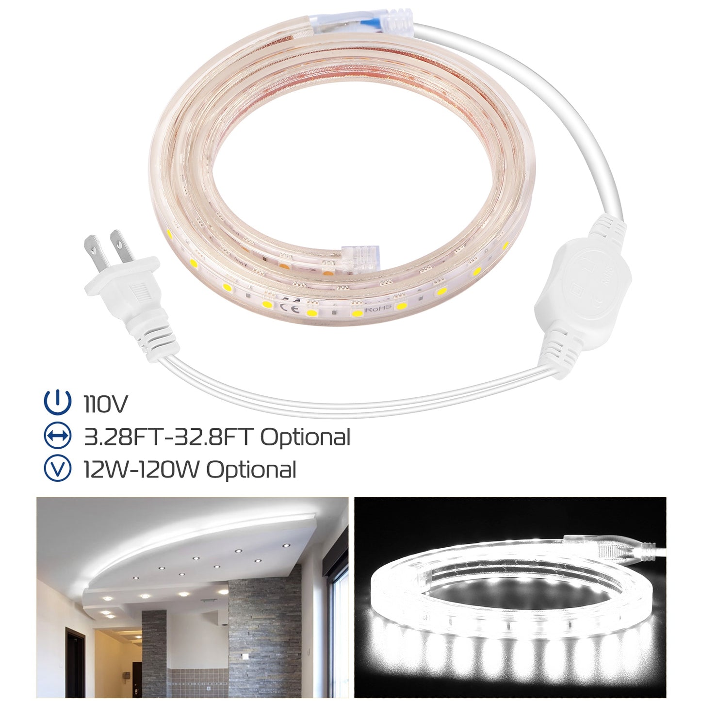 LJGelectro - 32.8ft/10m LED Strip Light 110V IP65 Waterproof 2500LM Dimmable Rope Light SMD 5050 6000K Cold White Warm