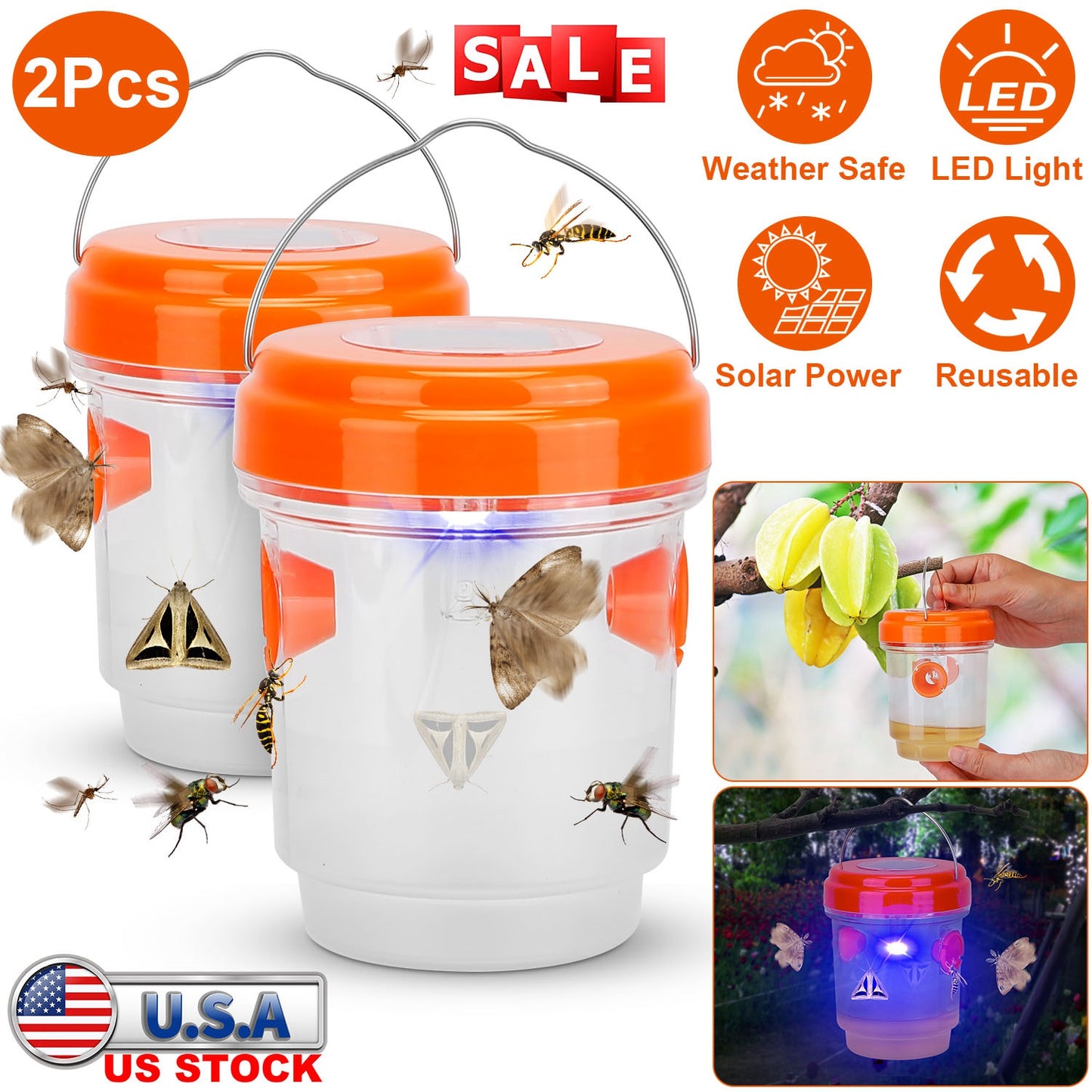 LJGelectro - 2Pcs Solar Powered Outdoor Wasp Trap Hanging Fly Catcher Reusable Bee Killer with UV Light to Trap Yellow Jacket Hornet Wasp Bee