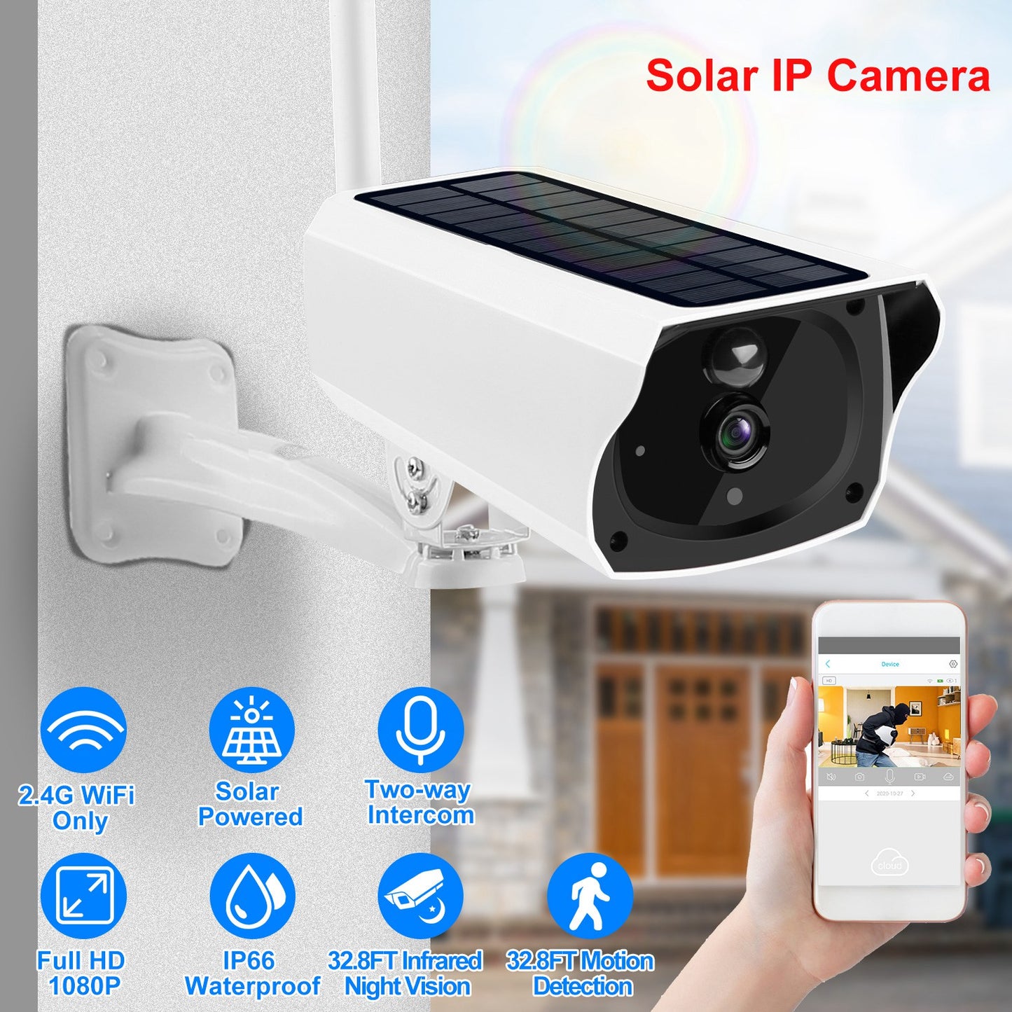 LJGelectro - 1080P Solar Powered WiFi IP Camera Two-Way Intercom Security Surveillance Camera IP66 Waterproof Motion Sensor Night Vision Network Camcorder APP Cont