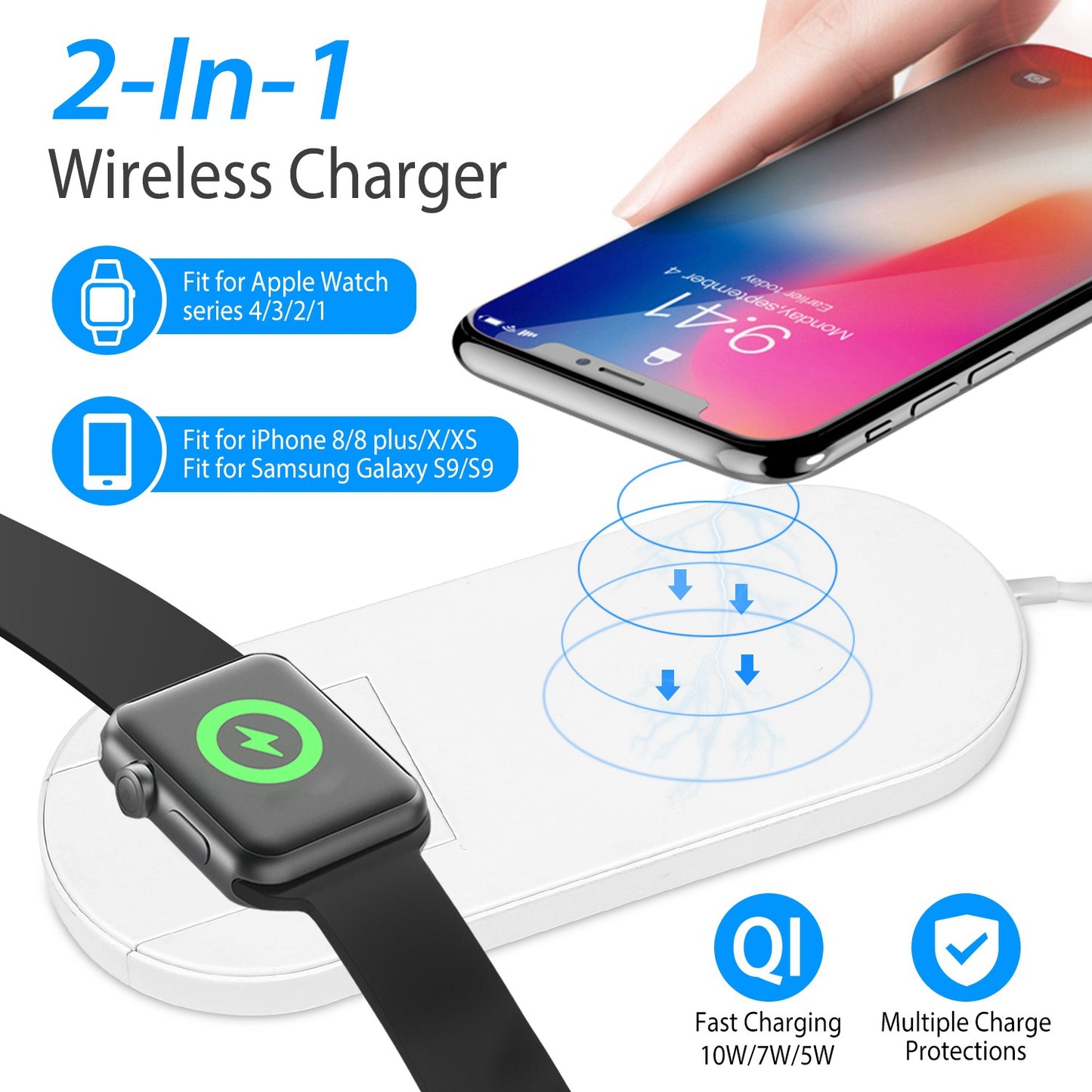 LJGelectro - 10W Qi Wireless Charger Watch Charger 2-in-1 Wirless Charging Pad for Apple Watch 4/3/2/1/ iPhone X/XS/8