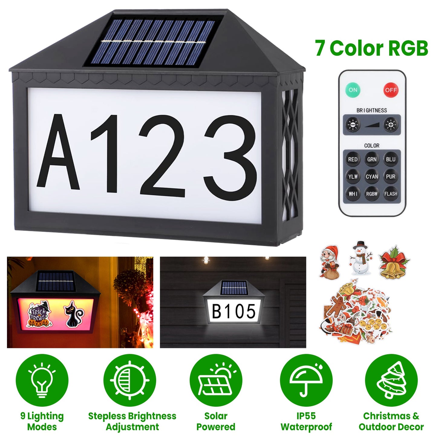 LJGelectro - Christmas Solar Address Sign IP55 Waterproof Colorful House Numbers Plaque Wall Mounted LED Address Sign with 9 Lighting Modes Remote Control for Yard