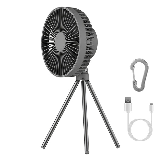 LJGelectro - Portable Camping Fan Rechargeable Battery Powered Foldable Tripod Fan for Tent with Hanging Hook Carabiner Personal Desk Fan with 3 Speed Setting for