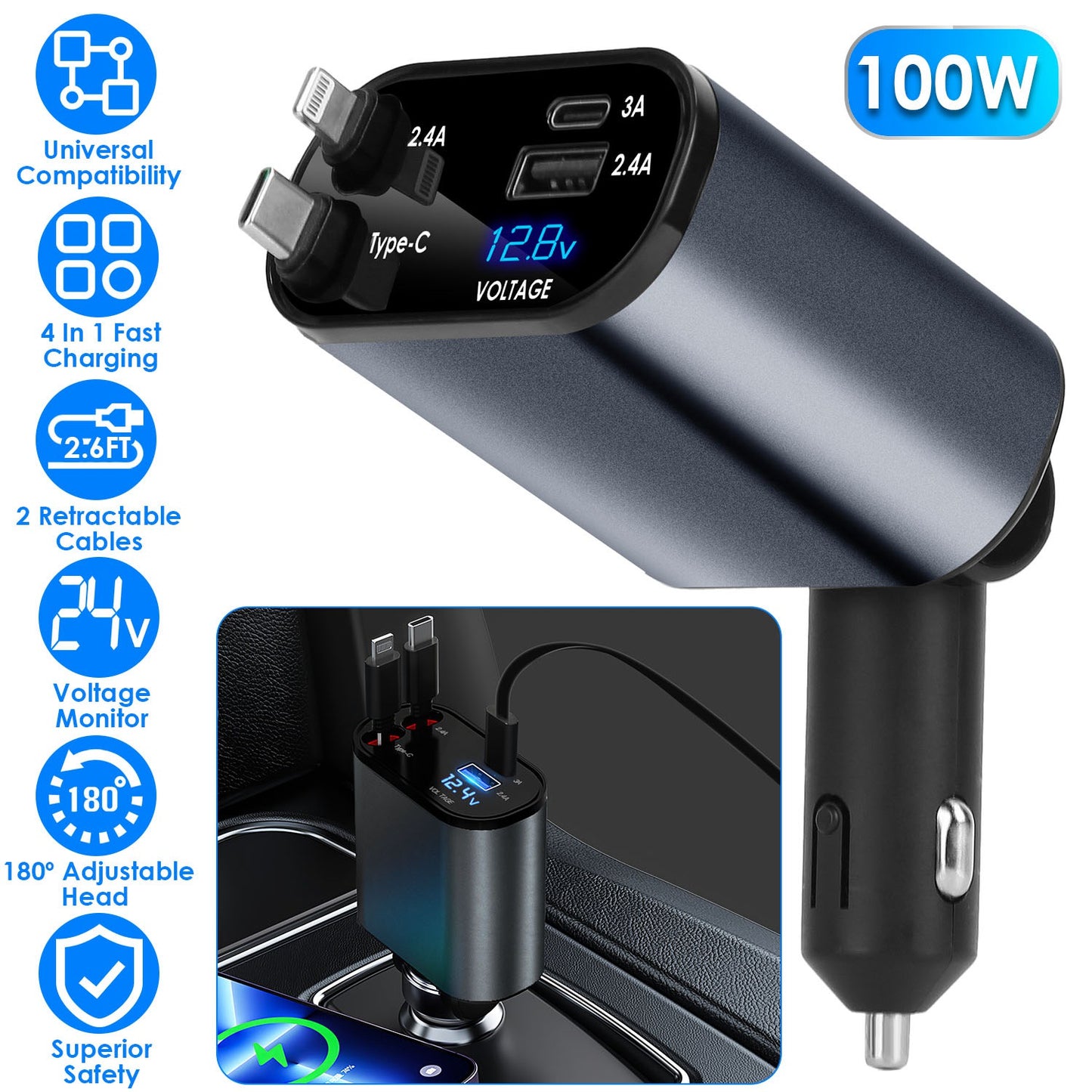 LJGelectro - 100W 4 In 1 Fast Car Charger USB C Car Charger 180ºAdjustable Car Phone Charger with Retractable Type-C LT Cable Voltage Monitor Fit for IOS Phone iPa