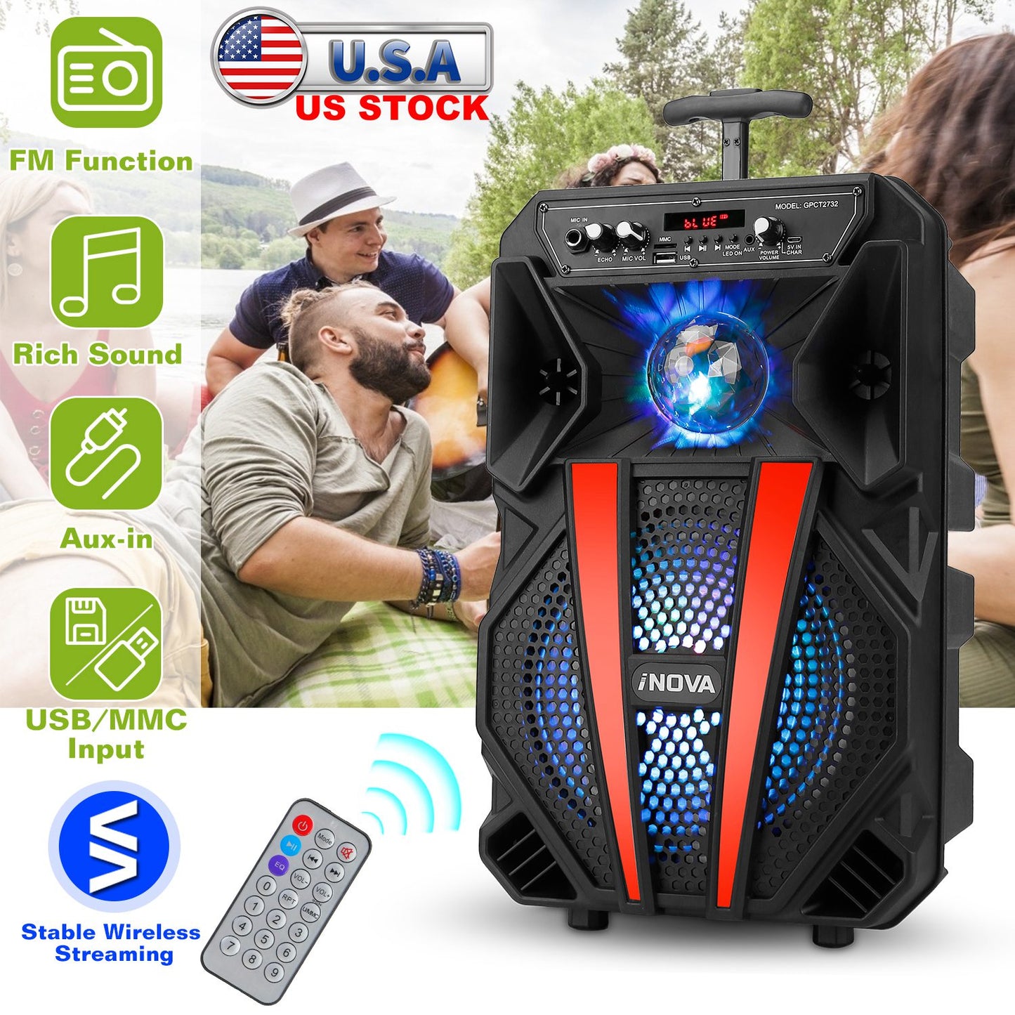 LJGelectro - 8” Wireless Party Speaker Subwoofer Bass Portable TWS Party Speaker w/ Microphone Support FM Radio Remote Control MMC Car Slot LED Colorful Lights