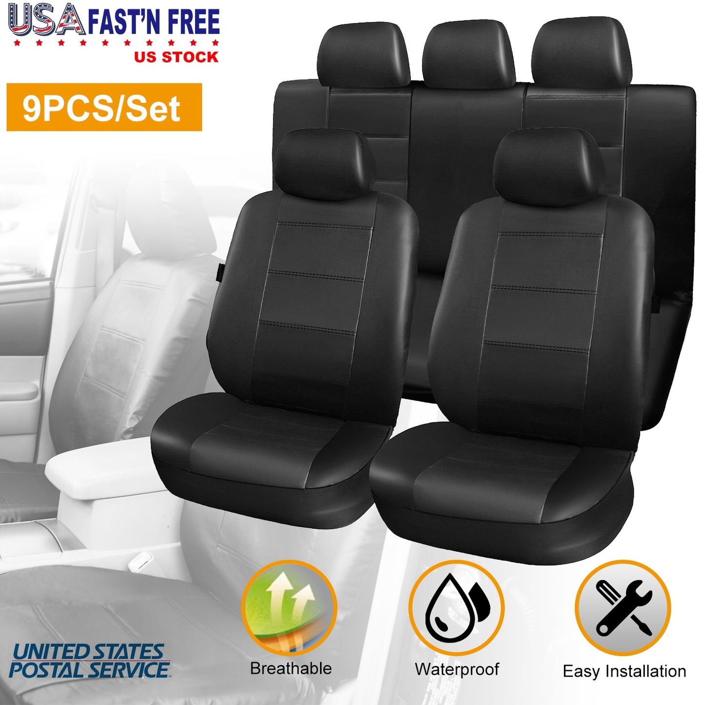 LJGelectro - 9Pcs Car Seat Cover Set PU Leather Auto Seat Cover Protector Front Back Seat Protector Cushion