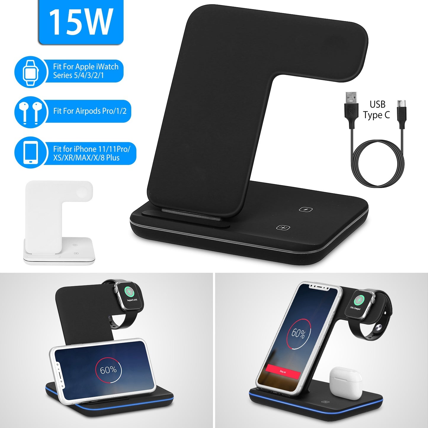 LJGelectro - Wireless Charger 3 in 1 Charger Stand 15W Fast Charging Station Dock for iWatch Series 5/4/3/2/1 AirPods iPhone 11/11 Pro/Xs/X Max/XR/X/8/8Plus Samsun