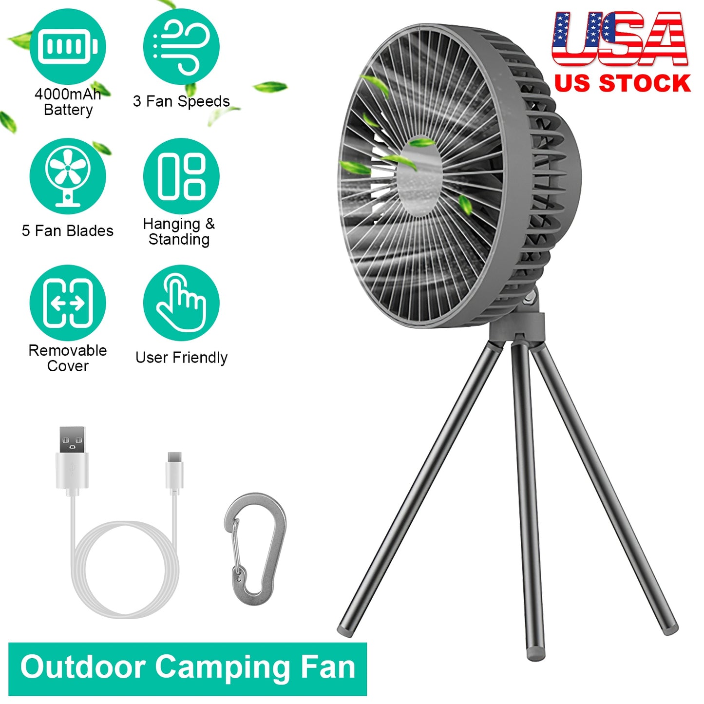 LJGelectro - Portable Camping Fan Rechargeable Battery Powered Foldable Tripod Fan for Tent with Hanging Hook Carabiner Personal Desk Fan with 3 Speed Setting for