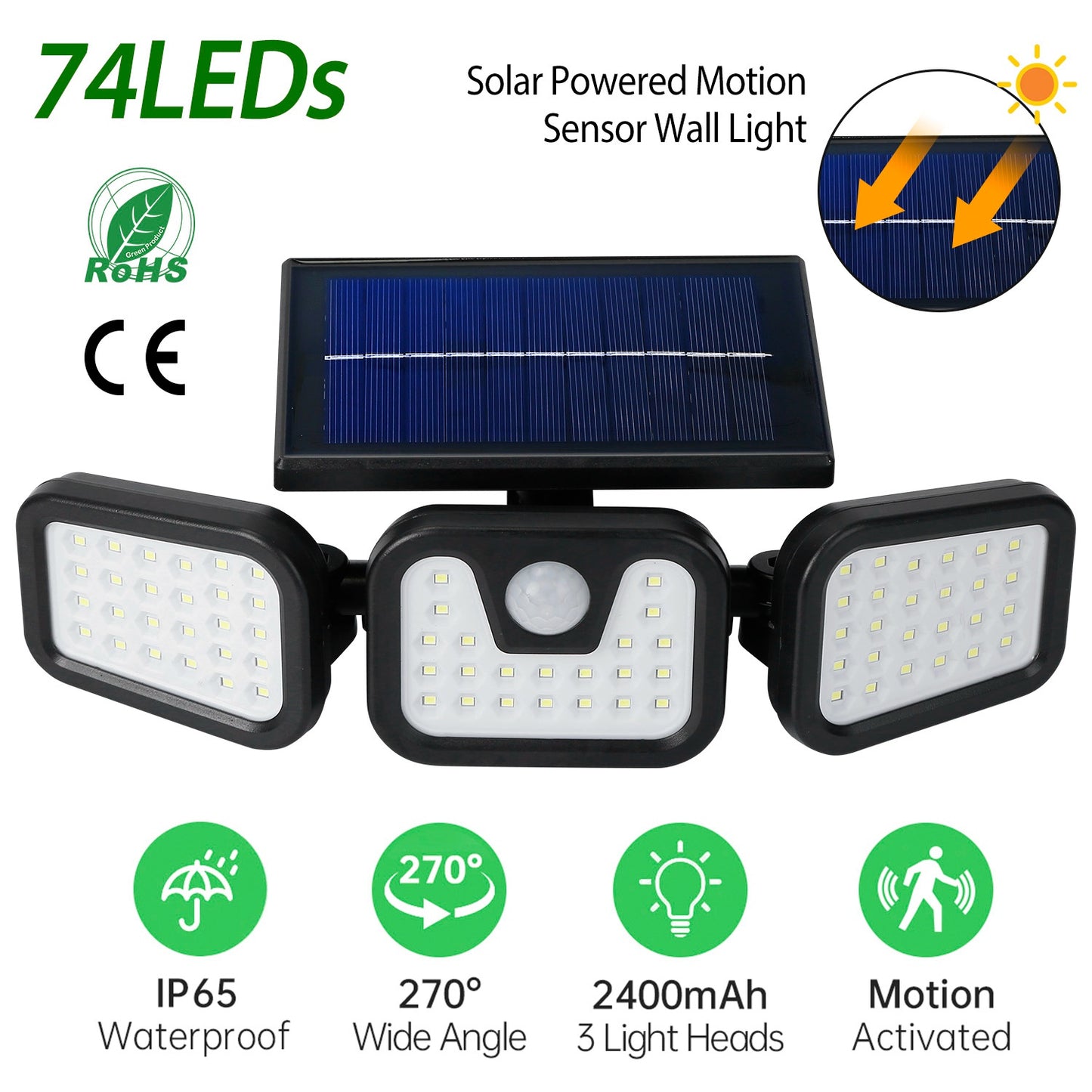 LJGelectro - Solar Wall Lamp 74 LEDs 3 Adjustable Head Motion Sensor Flood Light IP65 Waterproof Security Light Outdoor 270° Wide Angle Light For Garage Front Door