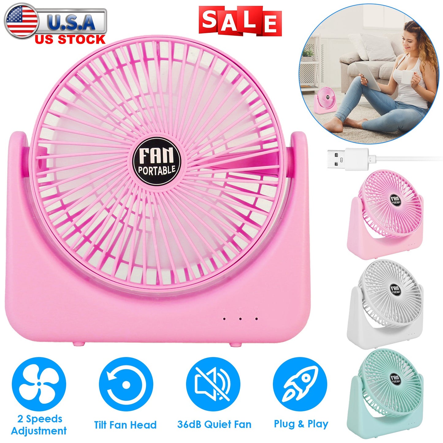 LJGelectro - 6.5in Desk Fan USB Powered 2 Speeds Table Cooling Fan Tilt Quiet Desktop Fan for Bedroom Office