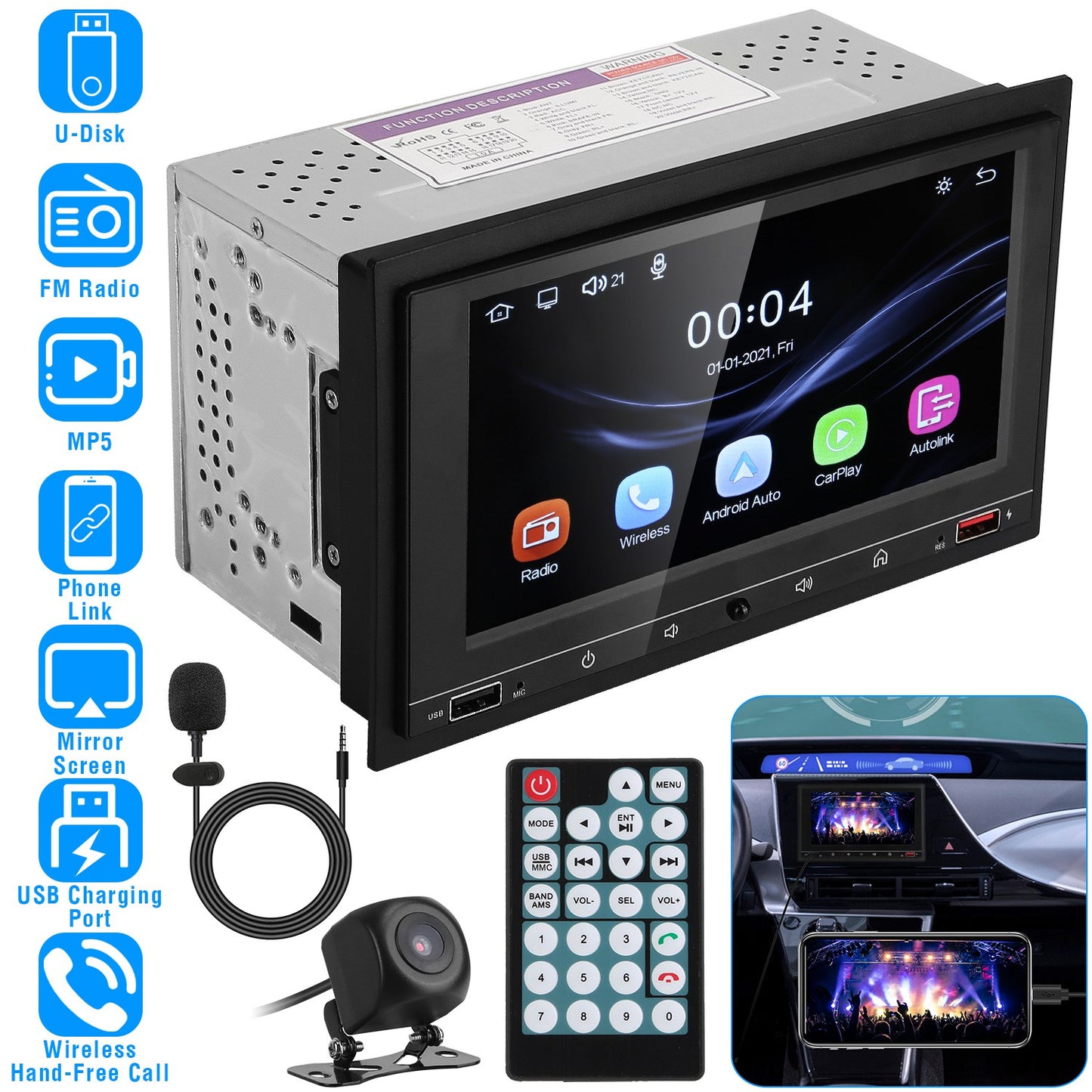 LJGelectro - 7In Universal Wireless Car MP5 Player 1080P Video Player Stereo Audio FM Radio Aux/USB Input with Rear View Camera Remote Control