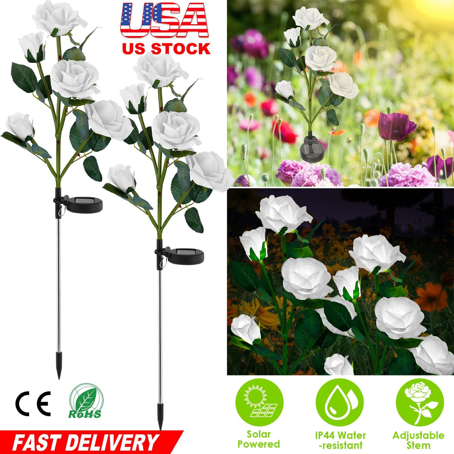 LJGelectro - 2Pcs Solar Powered Lights Outdoor Rose Flower LED Decorative Lamp Water Resistant Pathway Stake Lights For Garden Patio Yard Walkway