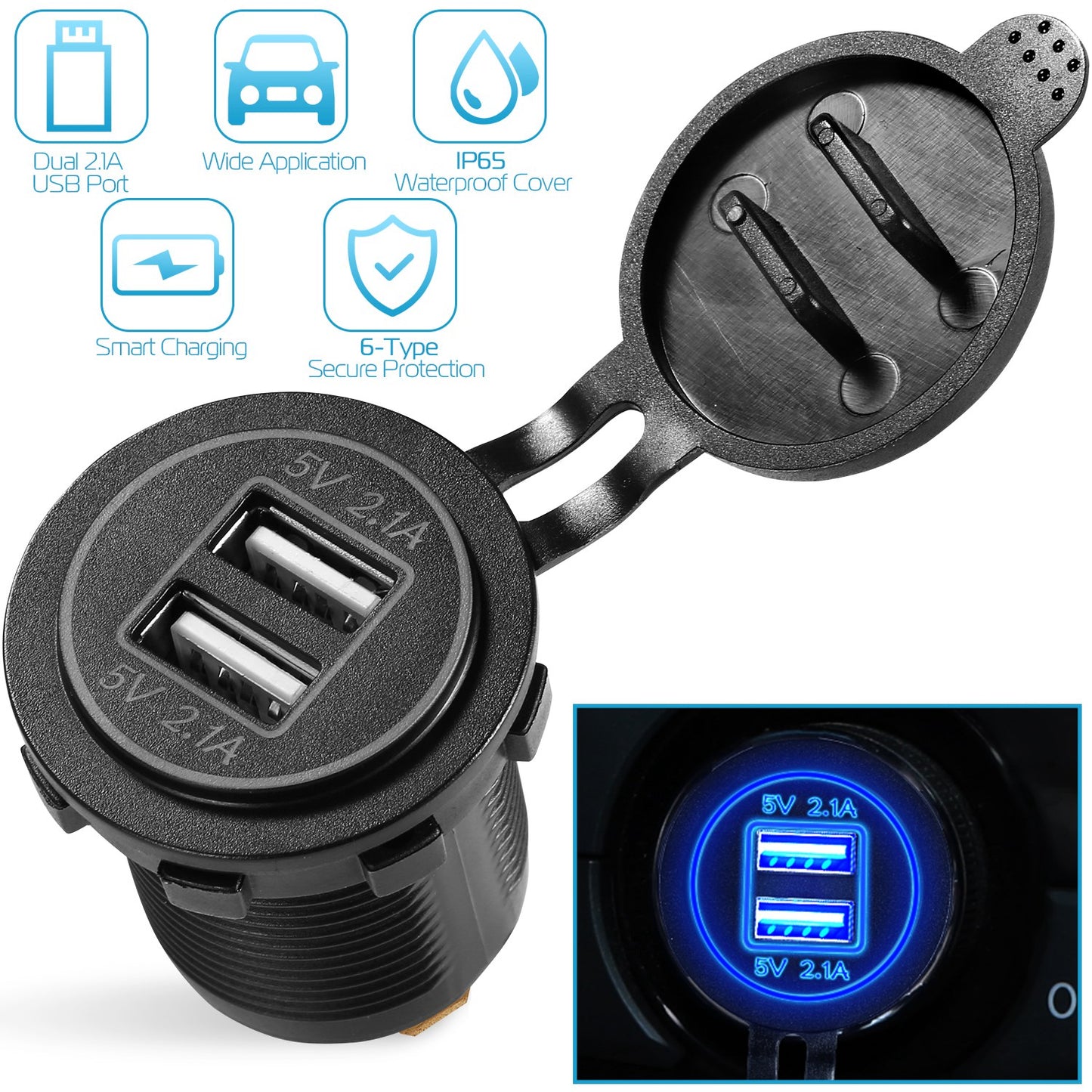 LJGelectro - 1Pc 2 USB Charger 12-24V Car Cigarette Lighter Socket Splitter Dual USB 2.1A Outlet Car Charger IP65 waterproof for Car Boat Marine Mobile