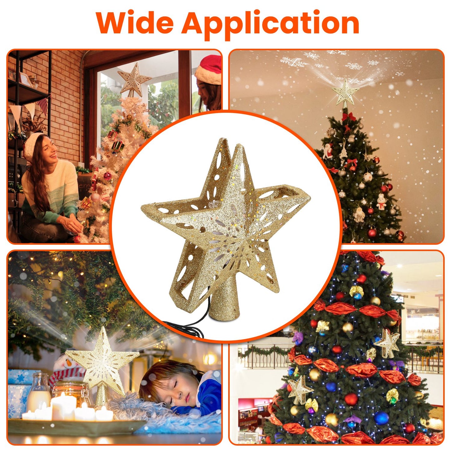 LJGelectro - Christmas Tree Topper Star with Projector Light White Revolving White Snowflake Pattern LED Treetop Hollow Golden Glitter Star For Christmas Tree Deco