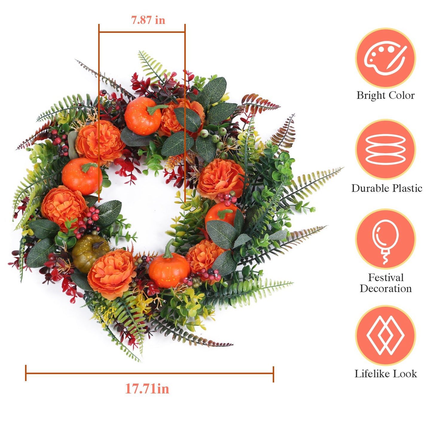 LJGelectro - 17.71IN Autumn Wreath with Pumpkin Mixed Leaves Berries Flowers Fall Decoration for Indoor Outdoor Window Wall Front Door in Halloween Thanks Giving D