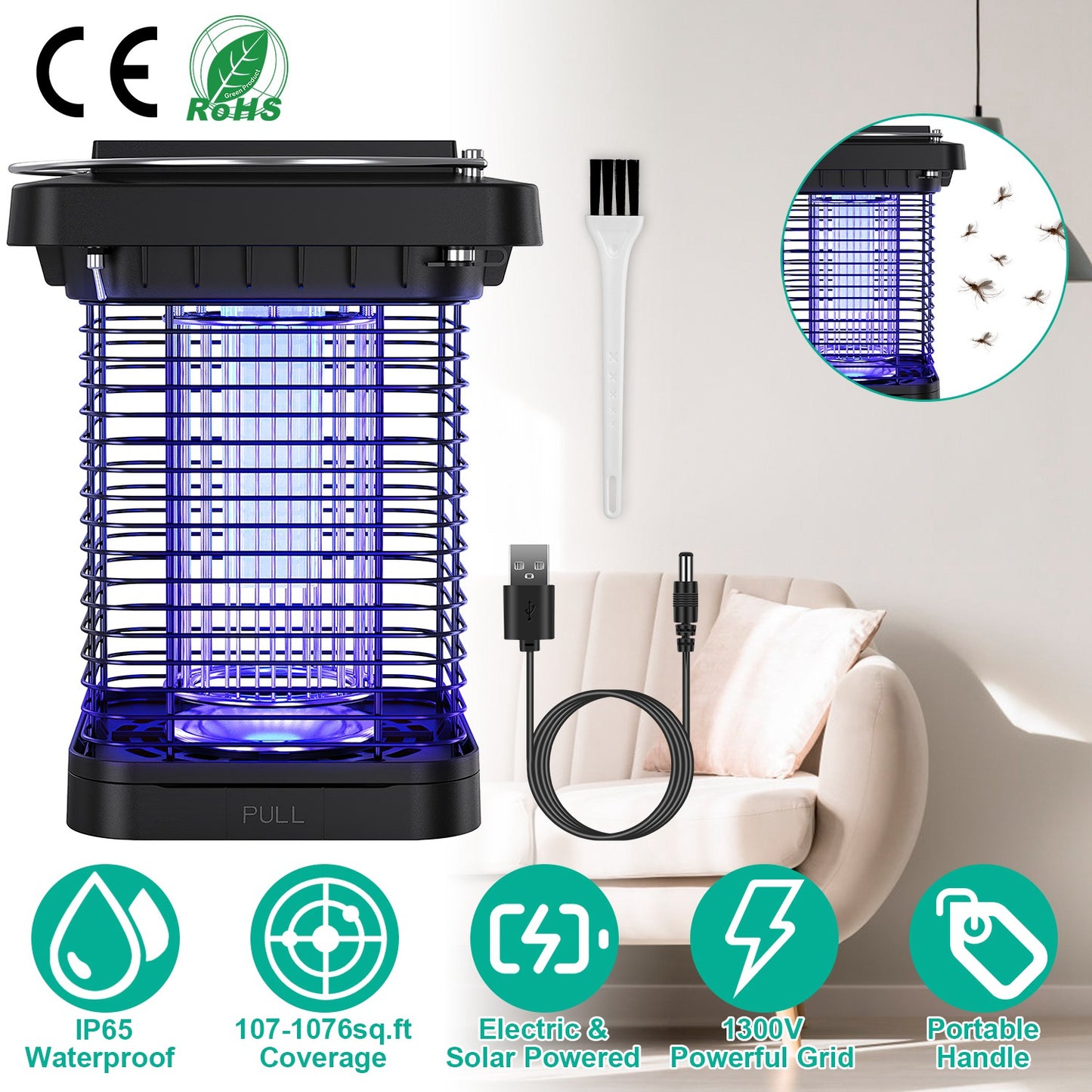 LJGelectro - Electric Solar Powered Bug Zapper 1076Sq.Feet Range Mosquito Killer Lamp IP65 Waterproof Insect Fly Trap Catcher for Indoor Outdoor