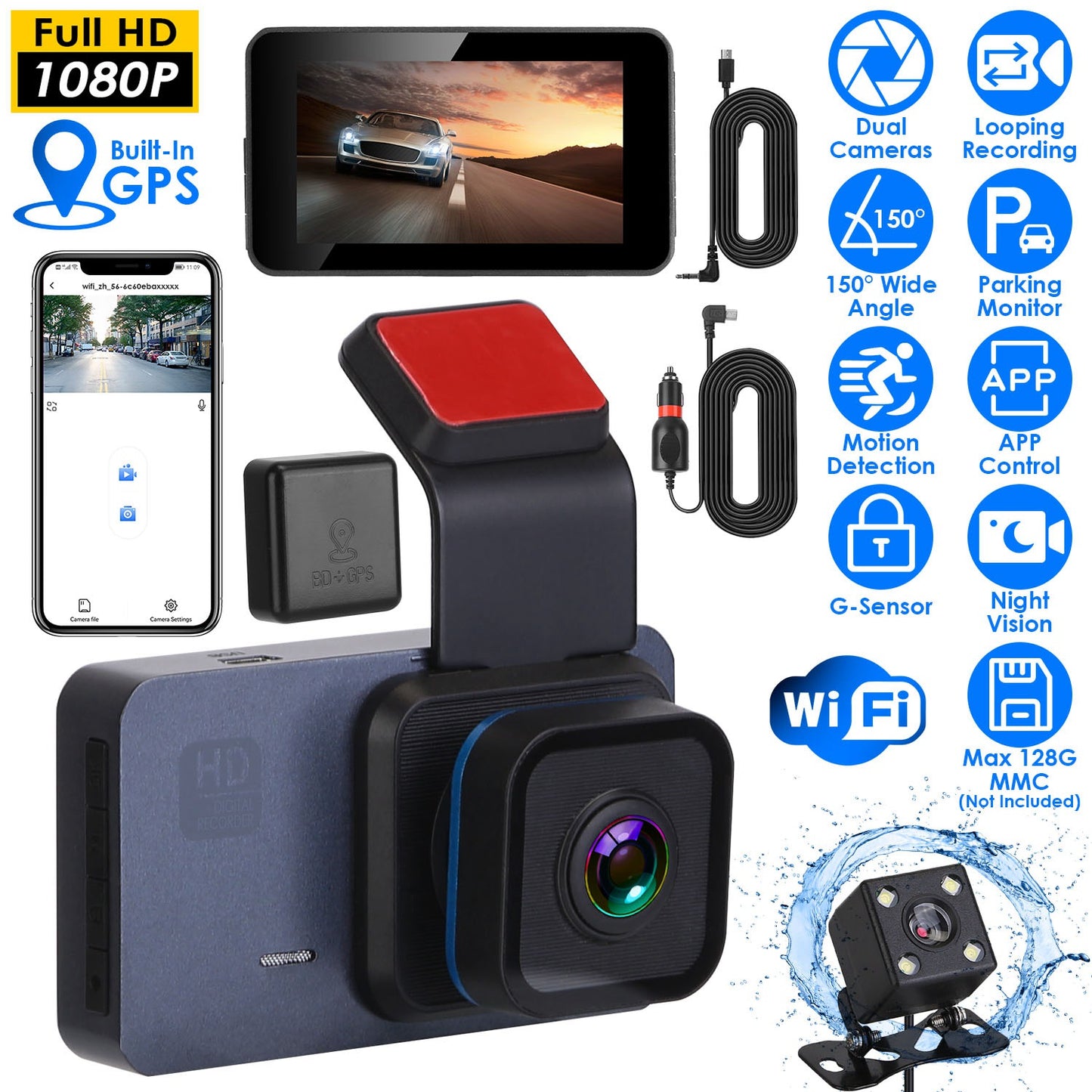 LJGelectro - 1080P Dual Lens Dash Cam Vehicle Driving Recorder Car DVR with WiFi GPS G-Sensor APP Control Motion Detection Parking Monitor Night Vision