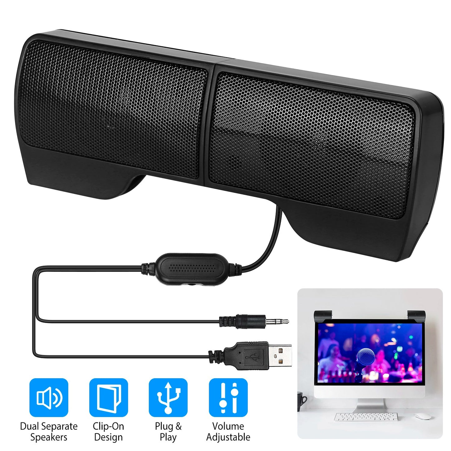 LJGelectro - Clip-On Computer Sound Bar Portable USB Stereo Mini Wired Speaker w/ Volume Control 3.5mm Jack For Desktop Computer Laptop Notebook PC Tablets Plug An