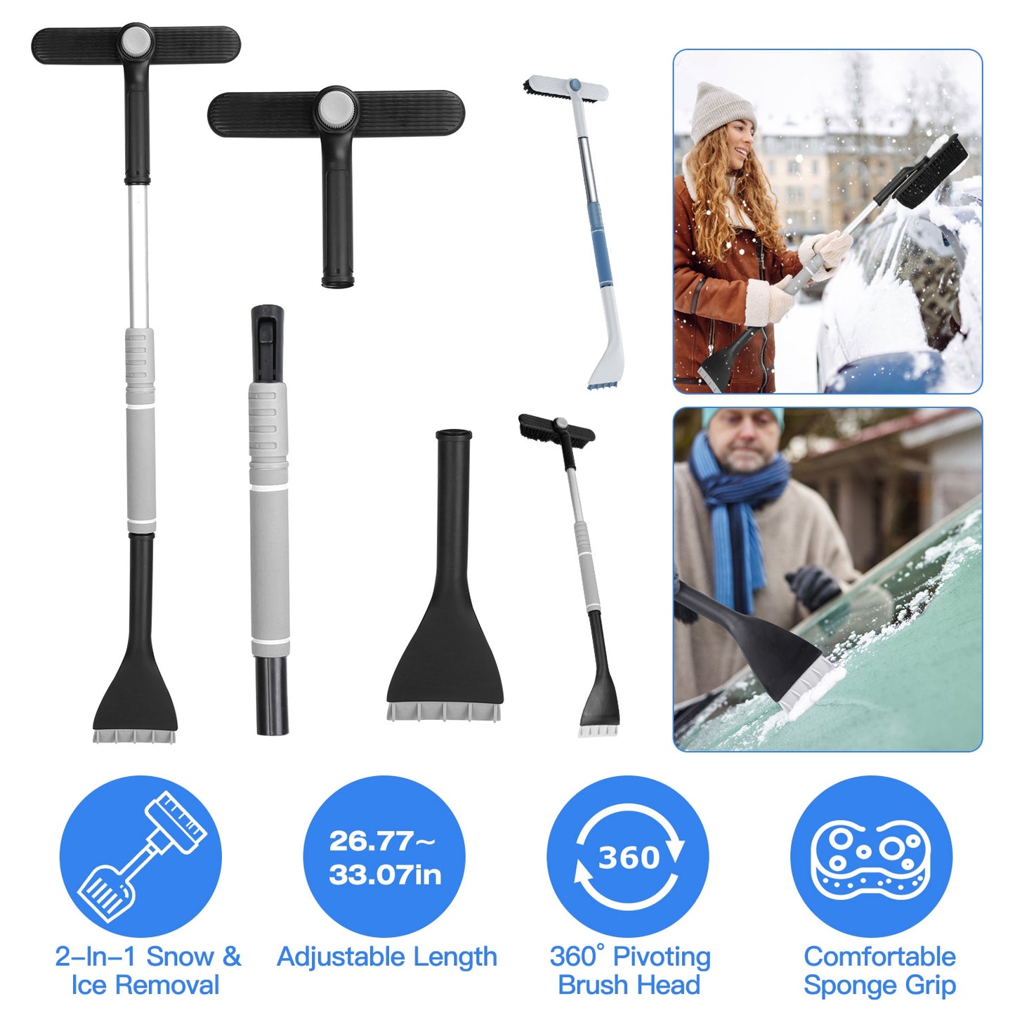 LJGelectro - 2 In 1 Ice Scraper Extendable Car Snow Brush Telescopic Snow Removal Tool Automobile Snow Shovel Frost Removal with 360° Pivoting Brush Head Sponge Gr