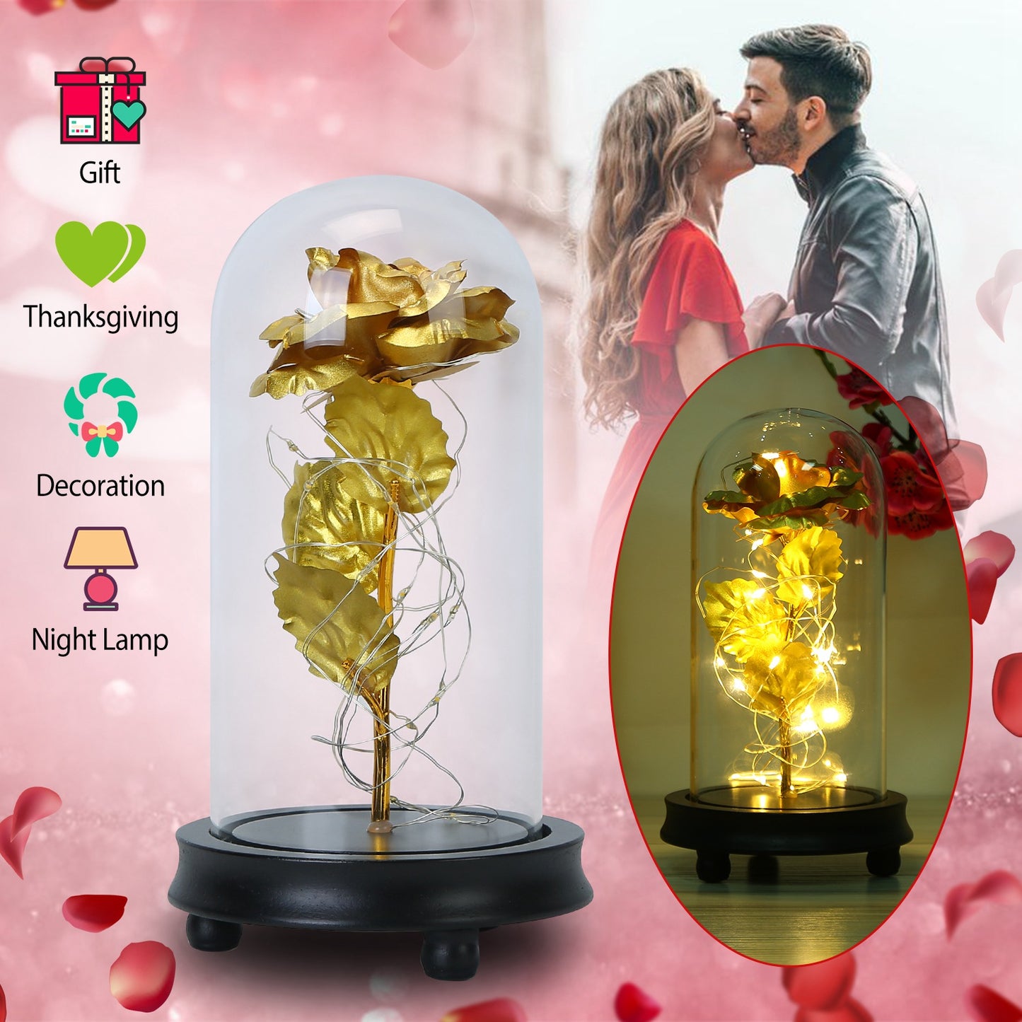 LJGelectro - Foil Rose LED String Light Rose Fairy Lamp w/ Glass Dome For Valentines’ Day Mother’s Day Wedding Birthday