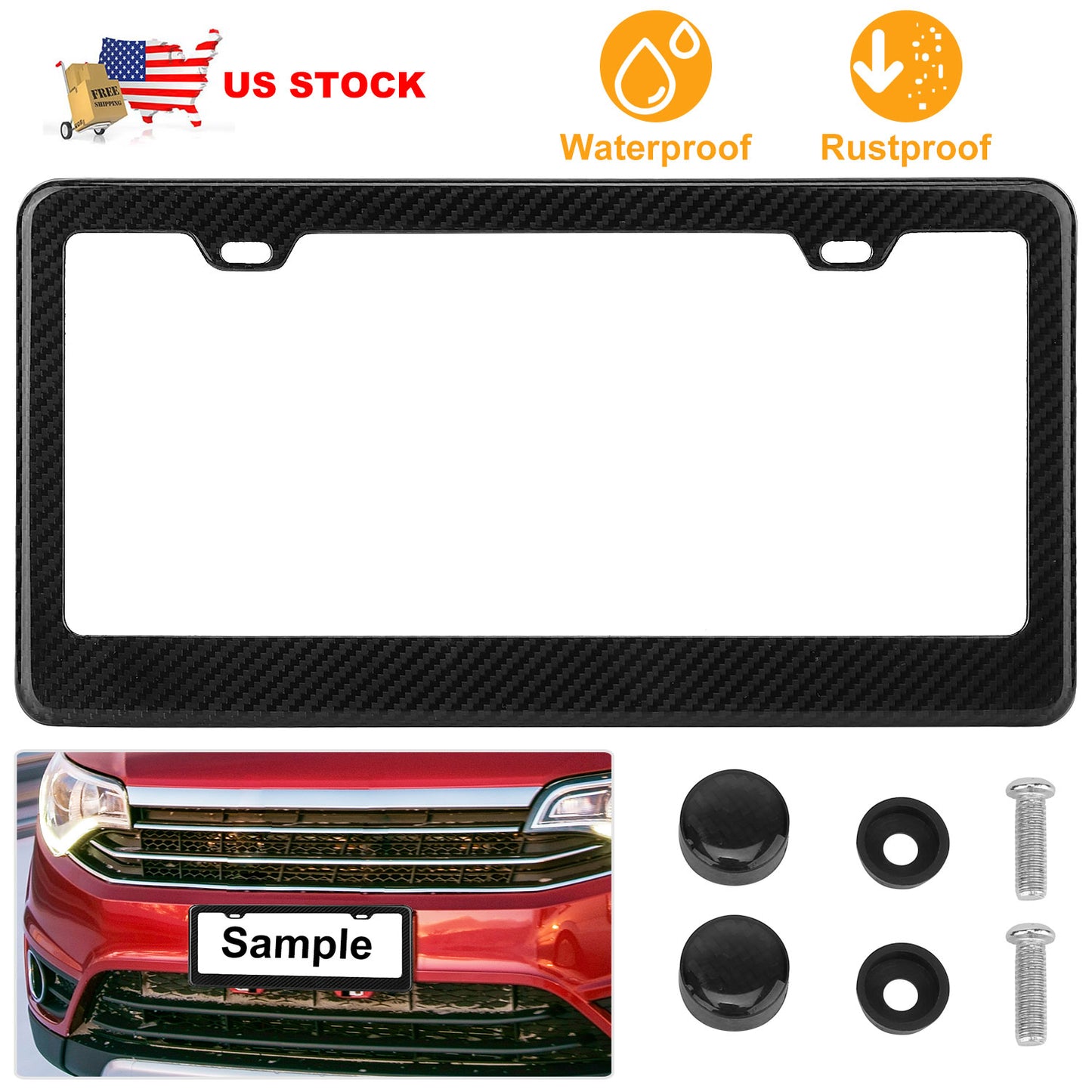 LJGelectro - License Plate Frame Rustproof Waterproof Carbon Fiber Black License Plate Frame 2 Holes w/ Bolts Washer Caps for USA/Canada Standard