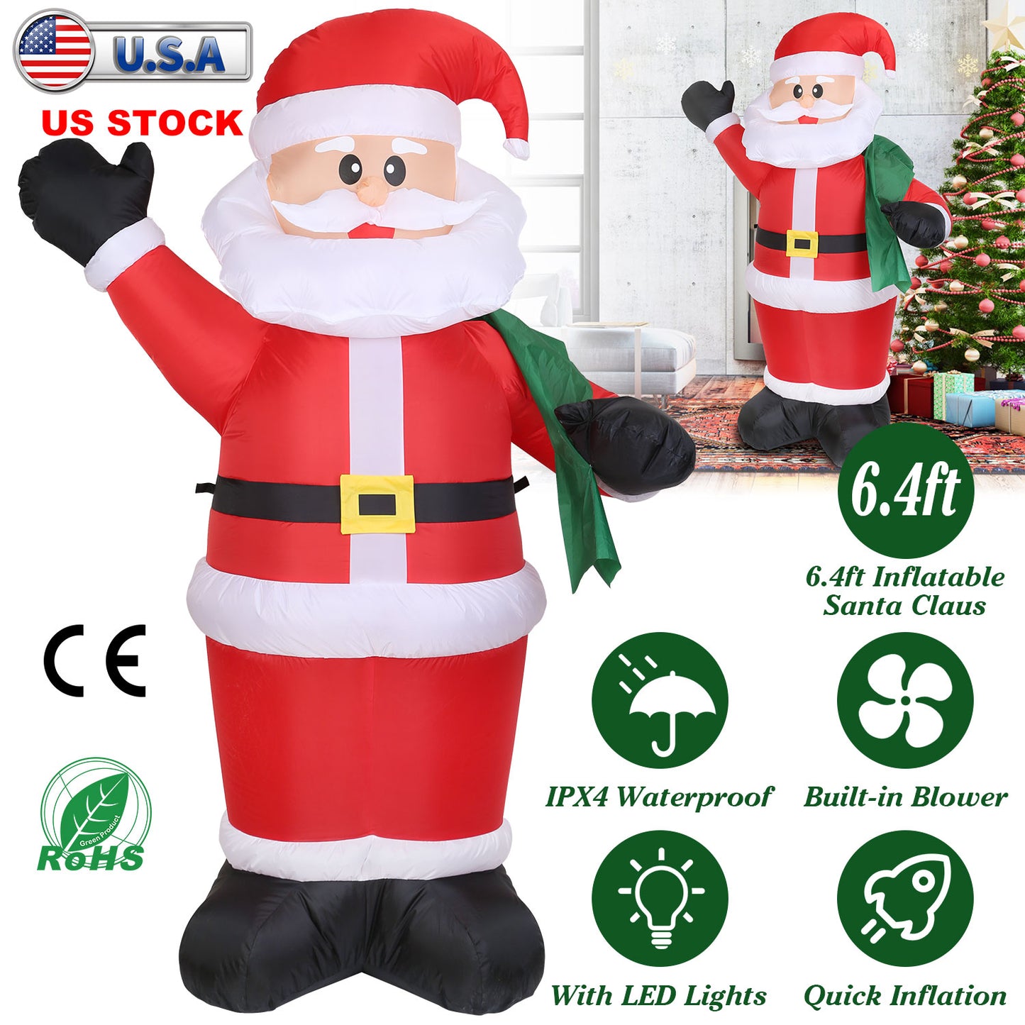 LJGelectro - 6.4ft Inflatable Christmas Giant Santa Claus Blow up Light up Santa Claus with LED Lights Gift Bag IPX4 Waterproof Christmas Outdoor Yard Lawn Holiday