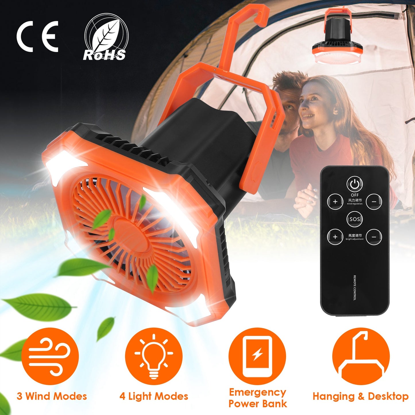 LJGelectro - Portable Camping Lantern Fan 10000mAh Battery Powered Hanging Fan USB Rechargeable Tent Fan with 4 Light Modes 3 Wind Modes Emergency Power Bank Remot