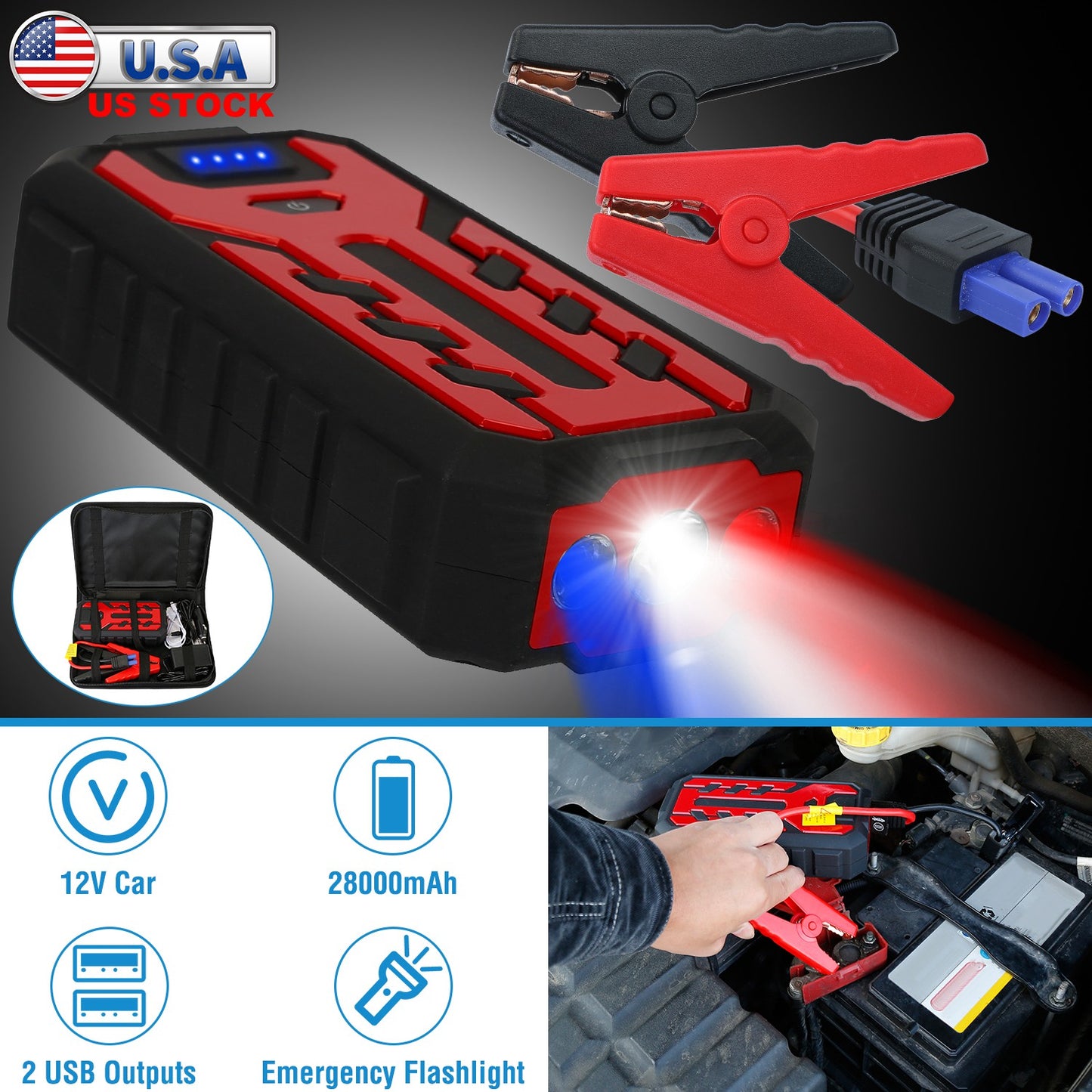 LJGelectro - Car Jump Starter Booster 800A Peak 28000mAh Battery Charger Power Bank w/ 4 Modes LED Flashlight for Up to 6.0L Gas or 4.0L Diesel Engine Car