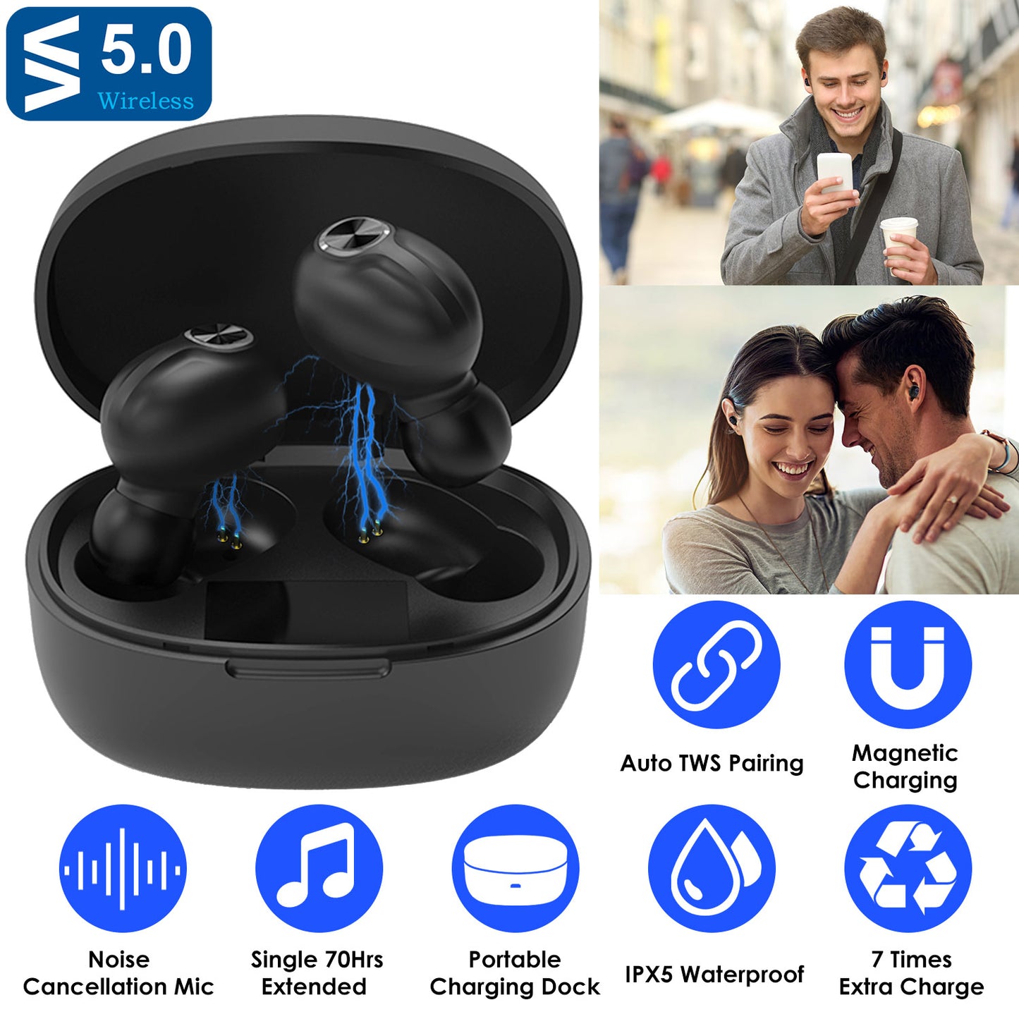 LJGelectro - TWS Wireless 5.0 Earbuds In-Ear Stereo Headset Noise Canceling Earphone Headsets w/Mic Magnetic Charging Dock For Driving Working Travelling