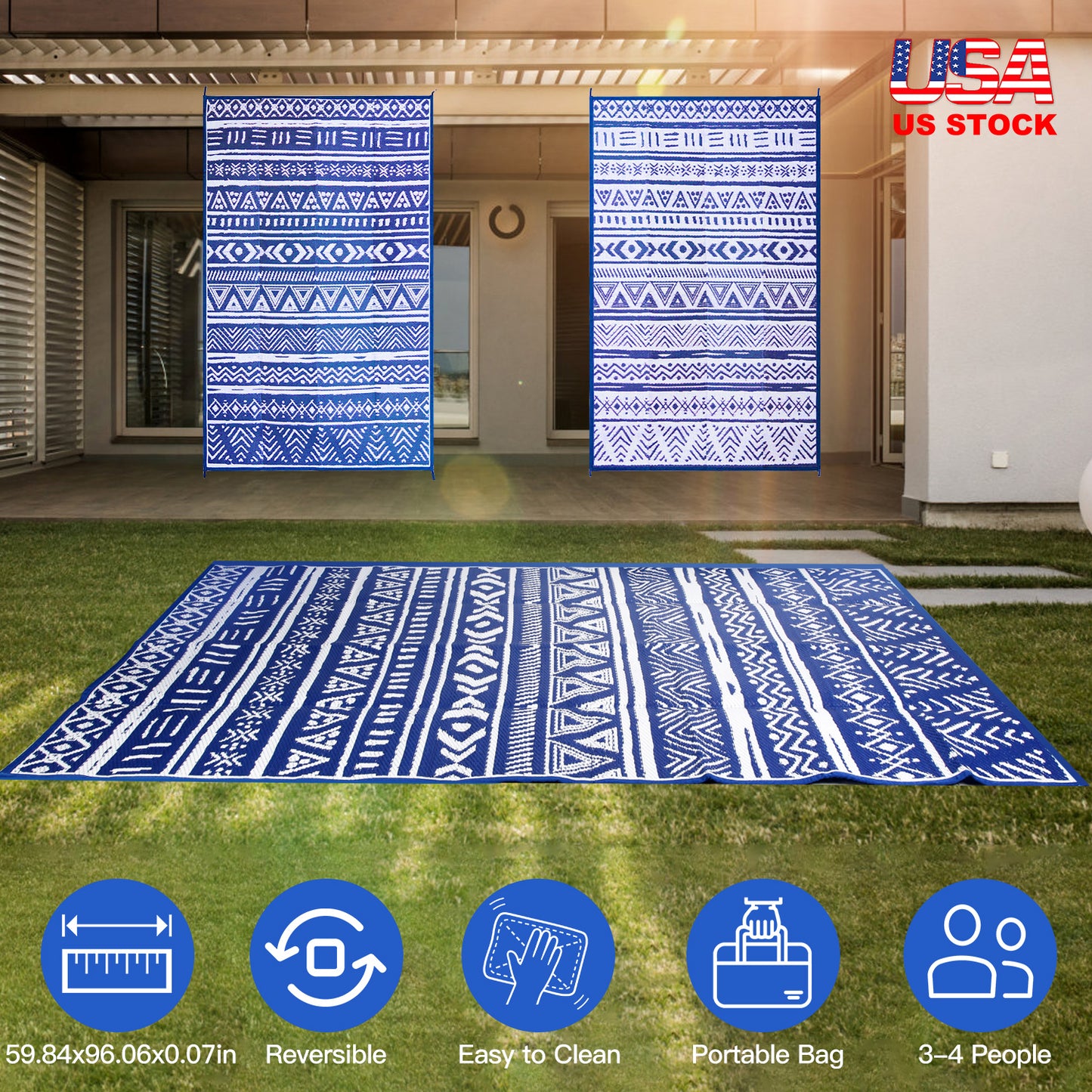 LJGelectro - 4.98x8FT Reversible Outdoor Rug Waterproof Mat with Storage Bag Portable Plastic Carpet Indoor Outdoor Activity for Picnic Patio Deck RV Trip Blue & W