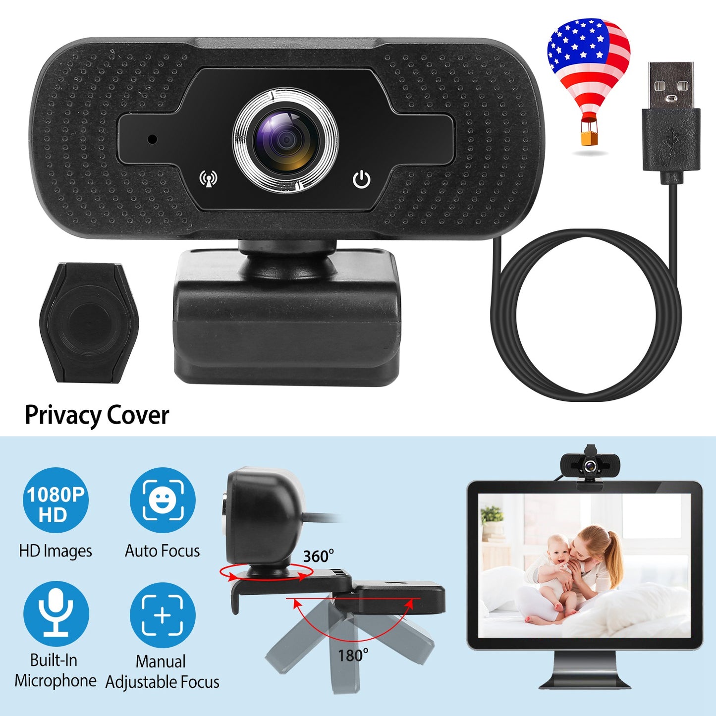 LJGelectro - FHD 1080P USB Webcam w/ Microphone Privacy Cover Rotatable Clip Streaming USB Camera Plug And Play For PC Video Conferencing Gaming Facetime Broadcast