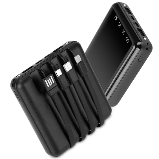 LJGelectro - 10000mAh Portable Charger Power Bank External Battery Pack w/ 4 Built-in Cables w/ LED Flashlight