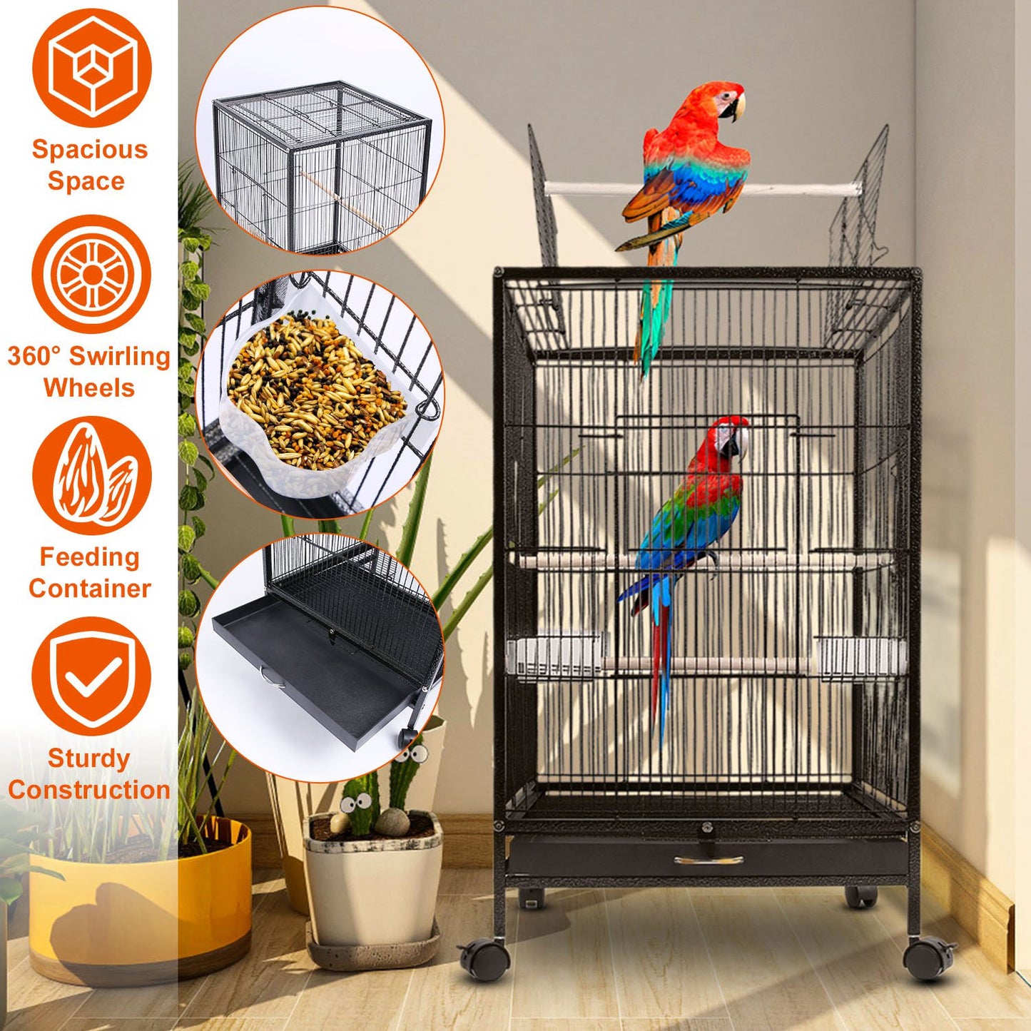 LJGelectro - 30.31In Height Bird Cage With Rolling Stand Bottom Tray Wrought Iron Wide Top Opening Large Bird Cage For Parrot Conure Lovebird Cockatiel Parakeets C