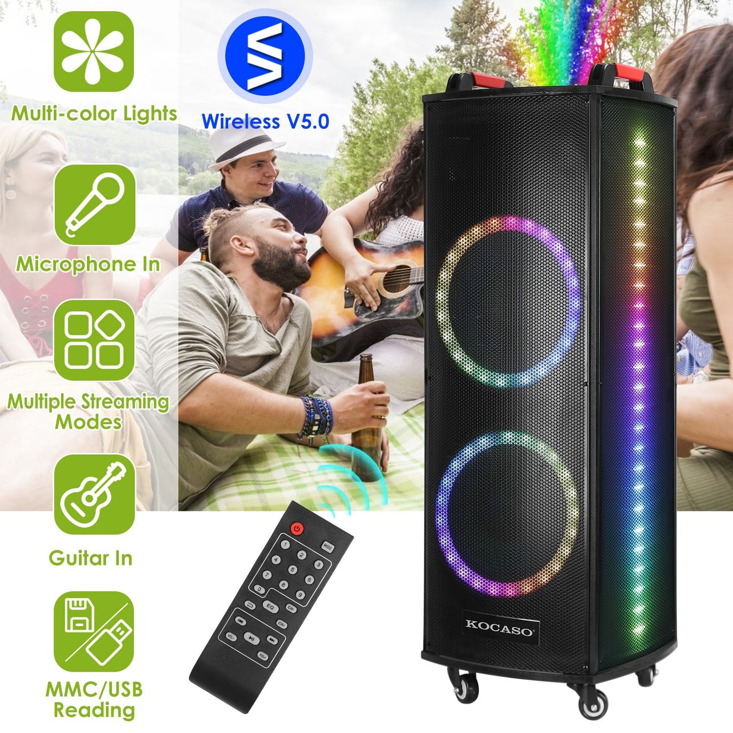 LJGelectro - Portable Wireless Party Speaker Colorful Lights DJ PA System with TWS Function FM Radio USB MMC Card Reading Aux In Guitar Input Recording Function Mi